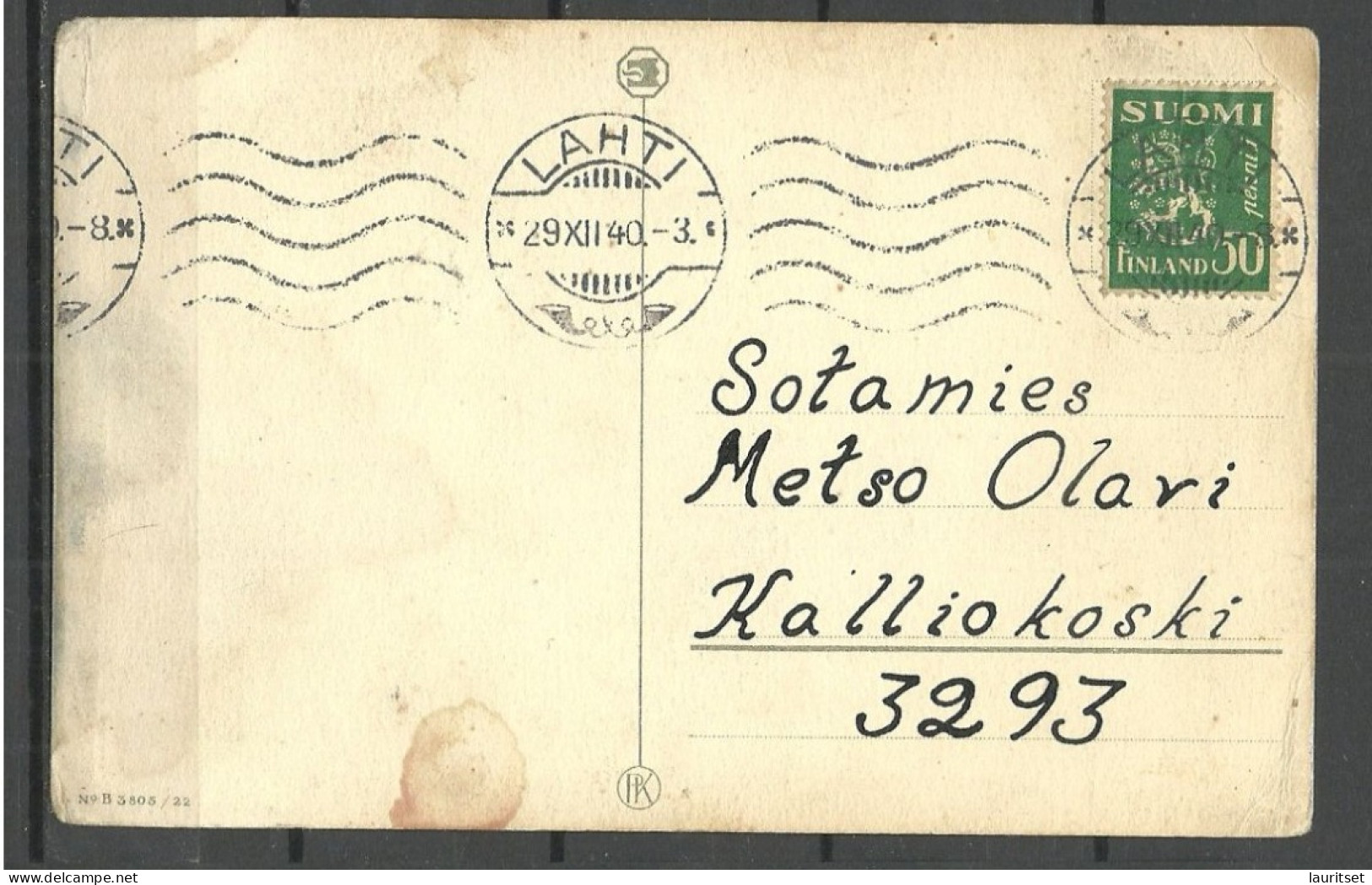 FINLAND 1940 Post Card O Lahti To Kalliokoski In Army Military Service Christmas Weihnachten Noel - Covers & Documents