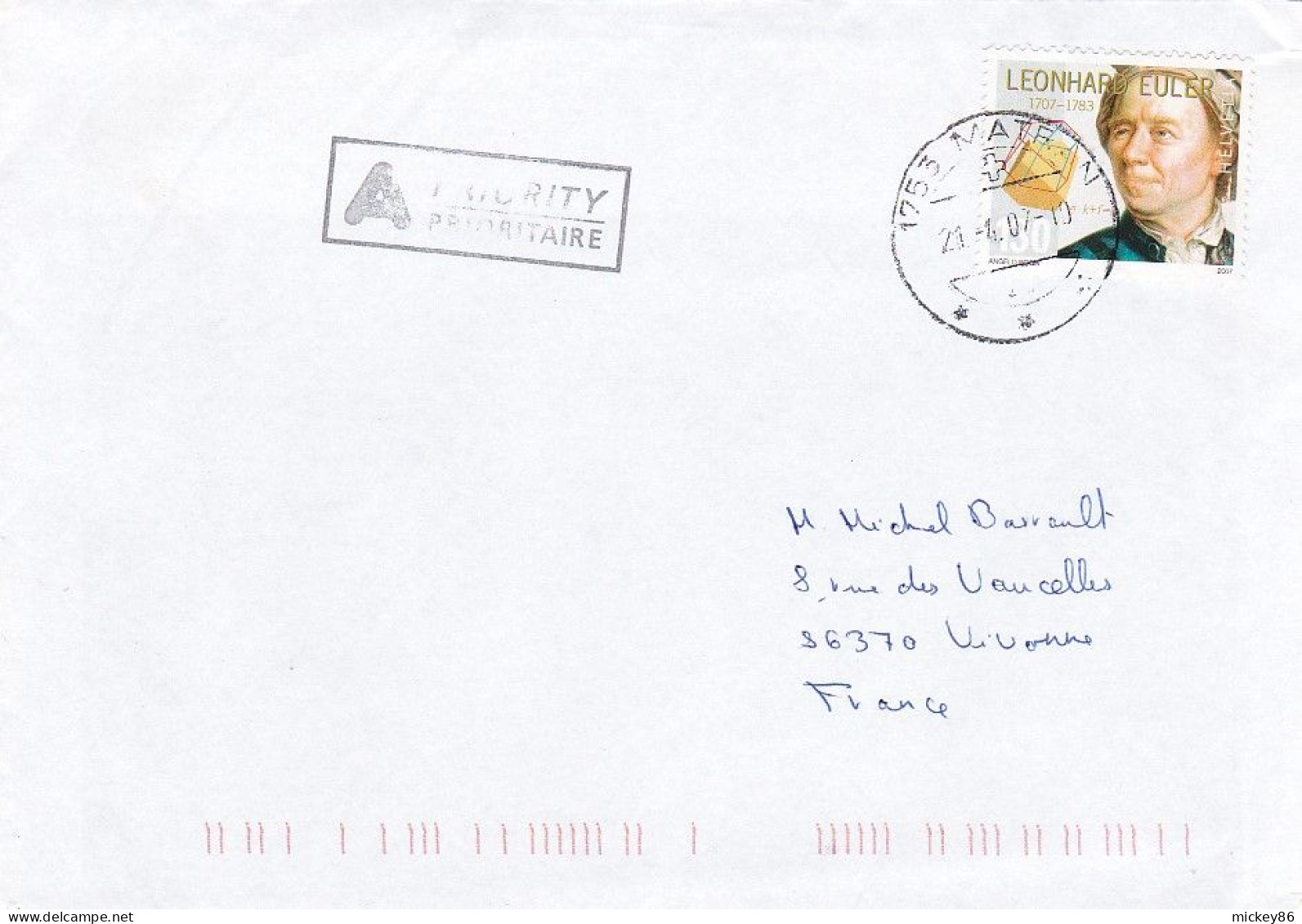 Suisse--2007--lettre De MATRAN  Pour VIVONNE-86... Timbre  LEONHARD EULER ....cachet - Covers & Documents