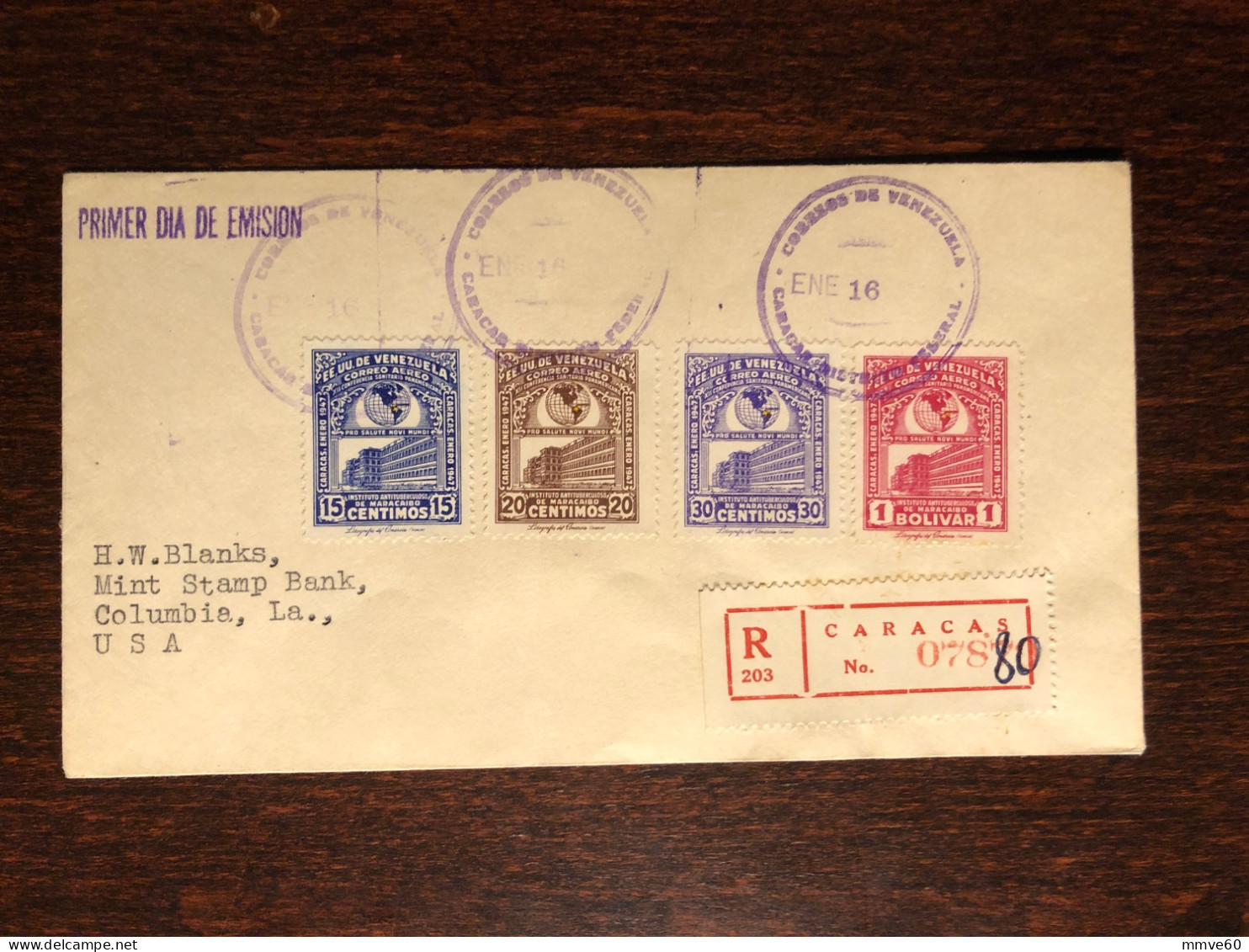 VENEZUELA FDC TRAVELLED COVER REGISTERED LETTER TO USA 1947 YEAR TUBERCULOSIS HOSPITAL SANITARY HEALTH MEDICINE - Venezuela