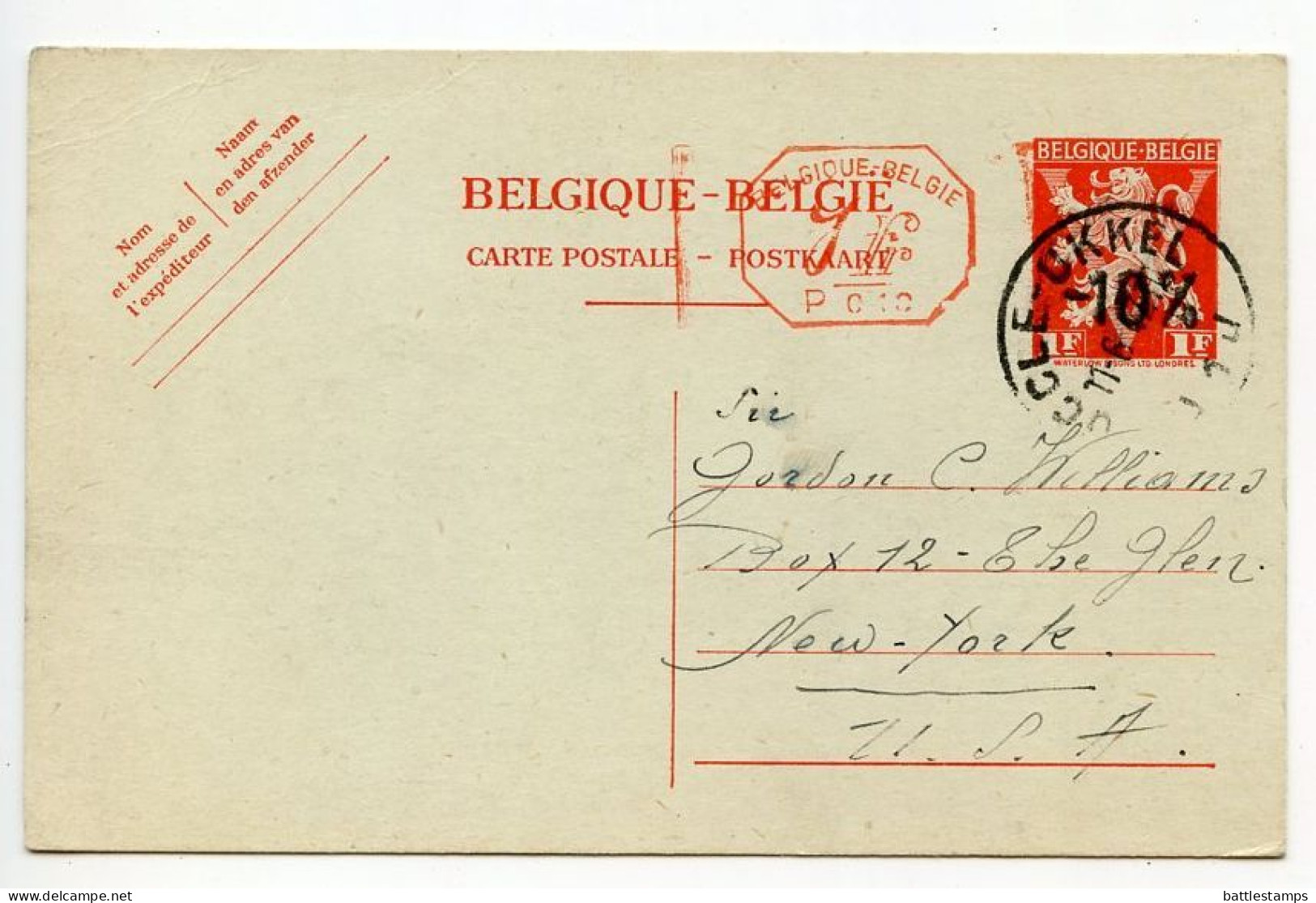 Belgium 1947 1fr. Lion & Victory Postal Card W/ -10% Overprint & 1fr. Meter; Uccle / Ukkel To New York, NY - Briefkaarten 1934-1951