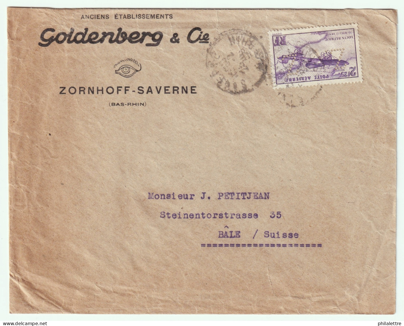 FRANCE - 1938 Yv.PA7 2fr25 Blériot Perforé "Z" (Goldenberg & Cie) Sur LSC De ZORNHOFF-SAVERNE à BÂLE, Suisse - Storia Postale