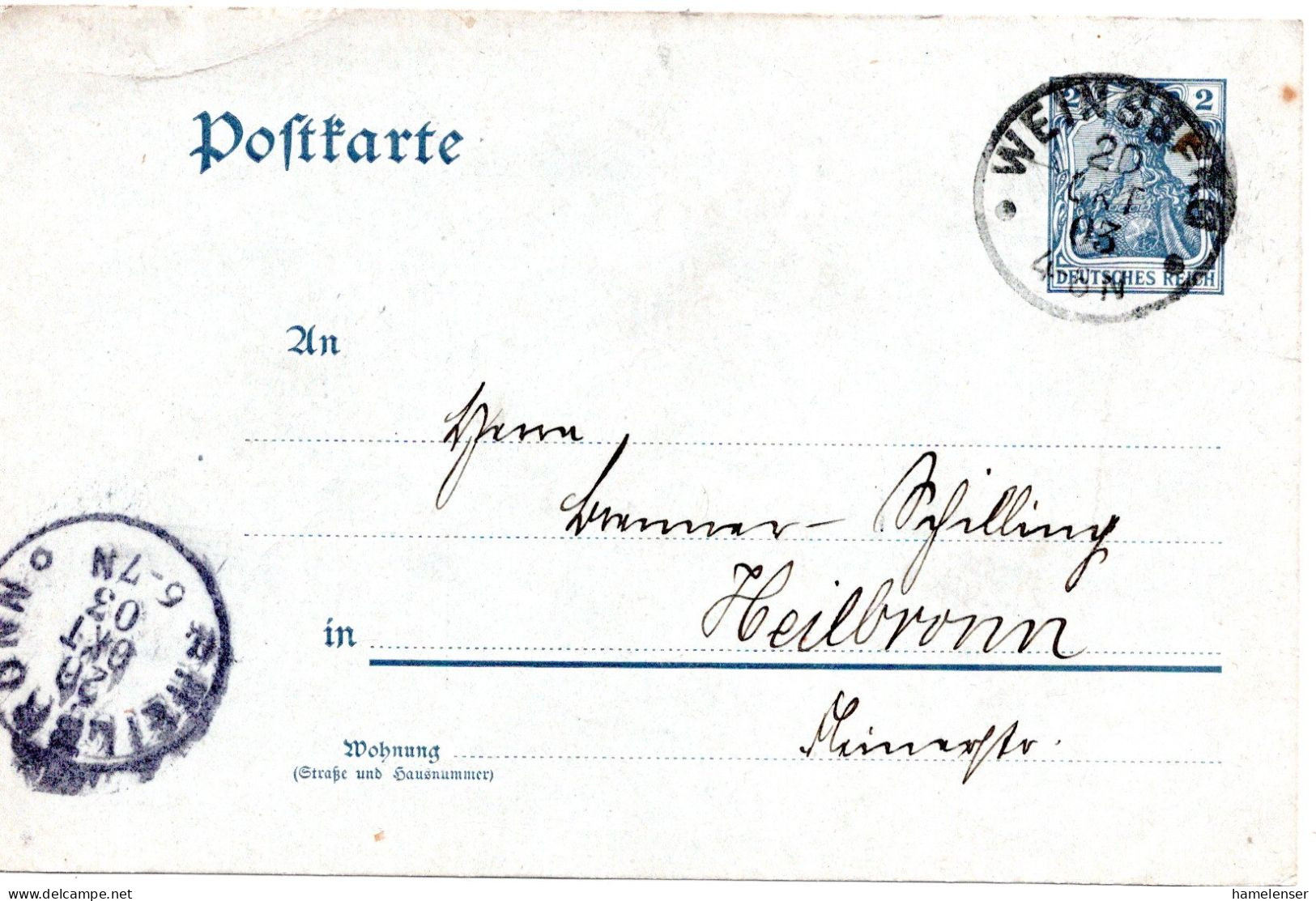 61714 - Deutsches Reich - 1903 - 2Pfg Germania GAKte WEINSBERG -> HEILBRONN - Covers & Documents