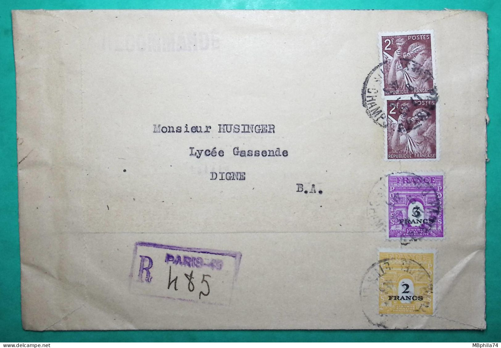 N°653 X2 + 709 + 711 MIXTE IRIS ARC DE TRIOMPHE RECOMMANDE PROVISOIRE PARIS BELLE ENVELOPPE ILLUSTREE POUR DIGNES 1945 - 1944-45 Triomfboog
