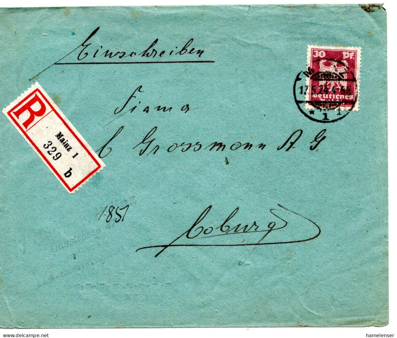 61727 - Deutsches Reich - 1924 - 30Pfg Adler EF A Dopp Verw R-Bf MAINZ -> COBURG - Lettres & Documents