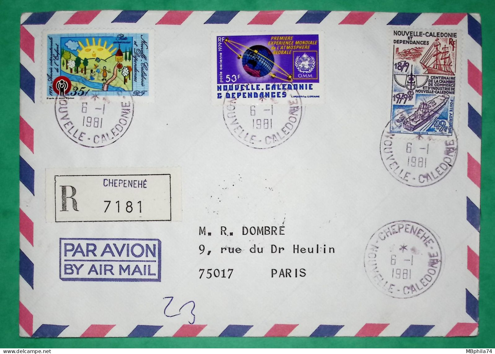 RECOMMANDE CHEPENEHE NOUVELLE CALEDONIE PAR AVION POUR PARIS 1981 LETTRE COVER FRANCE - Briefe U. Dokumente