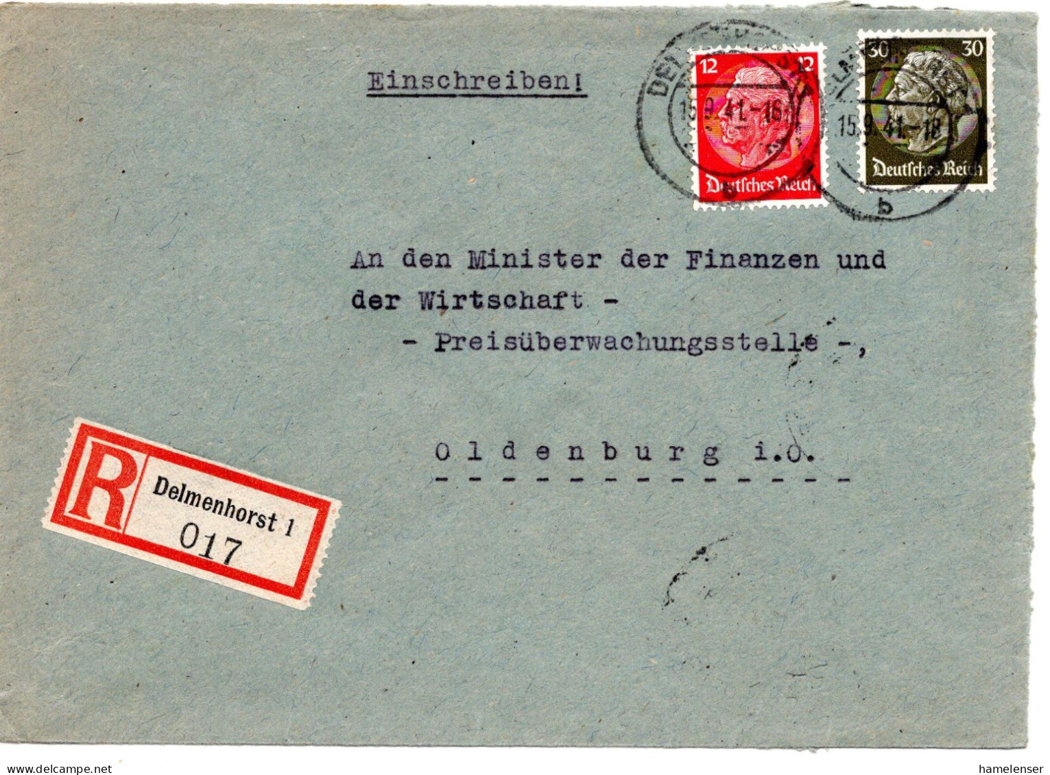 61739 - Deutsches Reich - 1941 - 30Pfg Hindenburg MiF A R-Bf DELMENHORST -> OLDENBURG - Briefe U. Dokumente