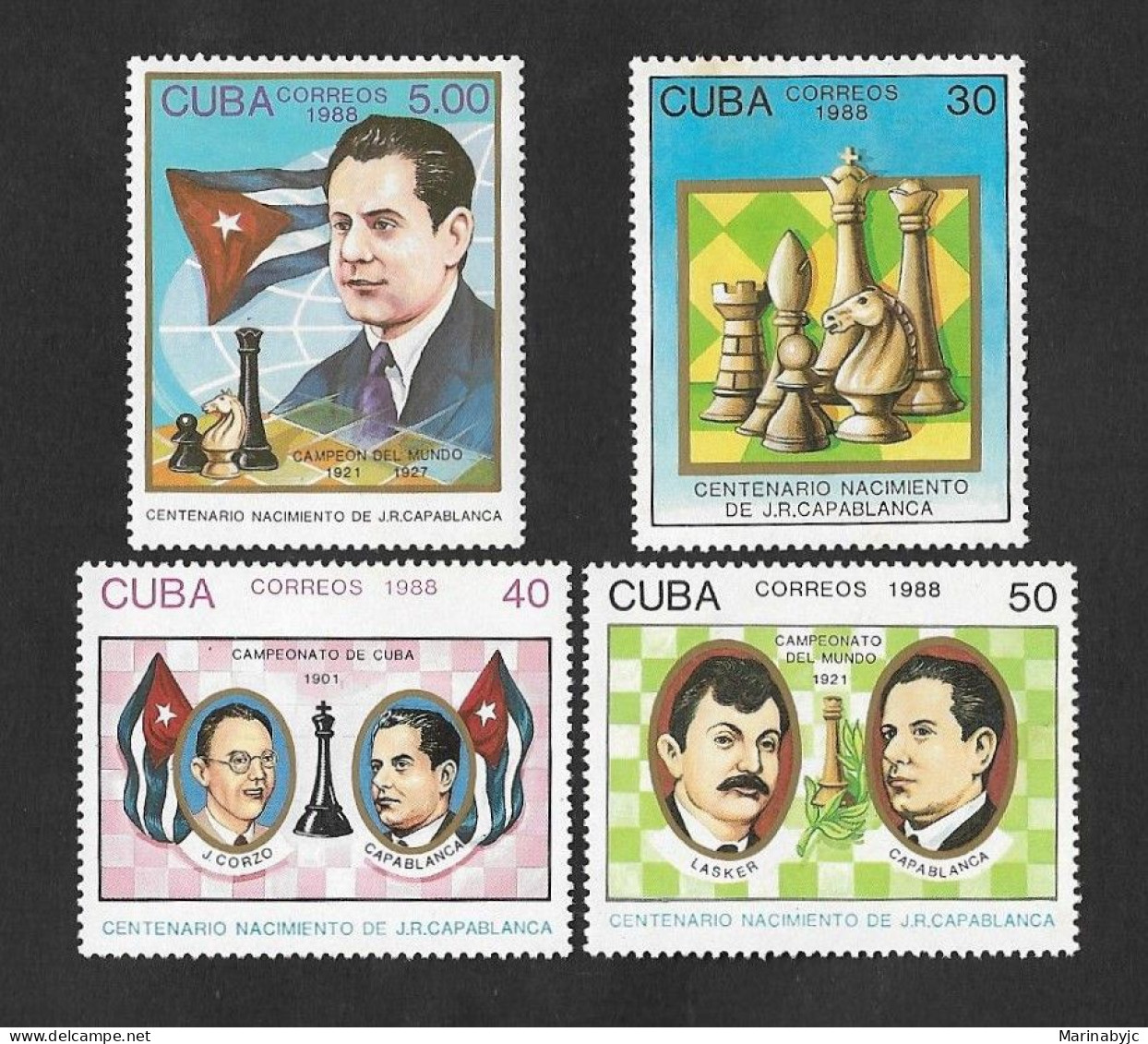 SE)1988 CUBA, CHESS, CENTENARY OF THE BIRTH OF JOSÉ RAÚL CAPABLANCA, WORLD CHAMPION, WORLD CHAMPION IN 1921, FIGURES, J. - Used Stamps