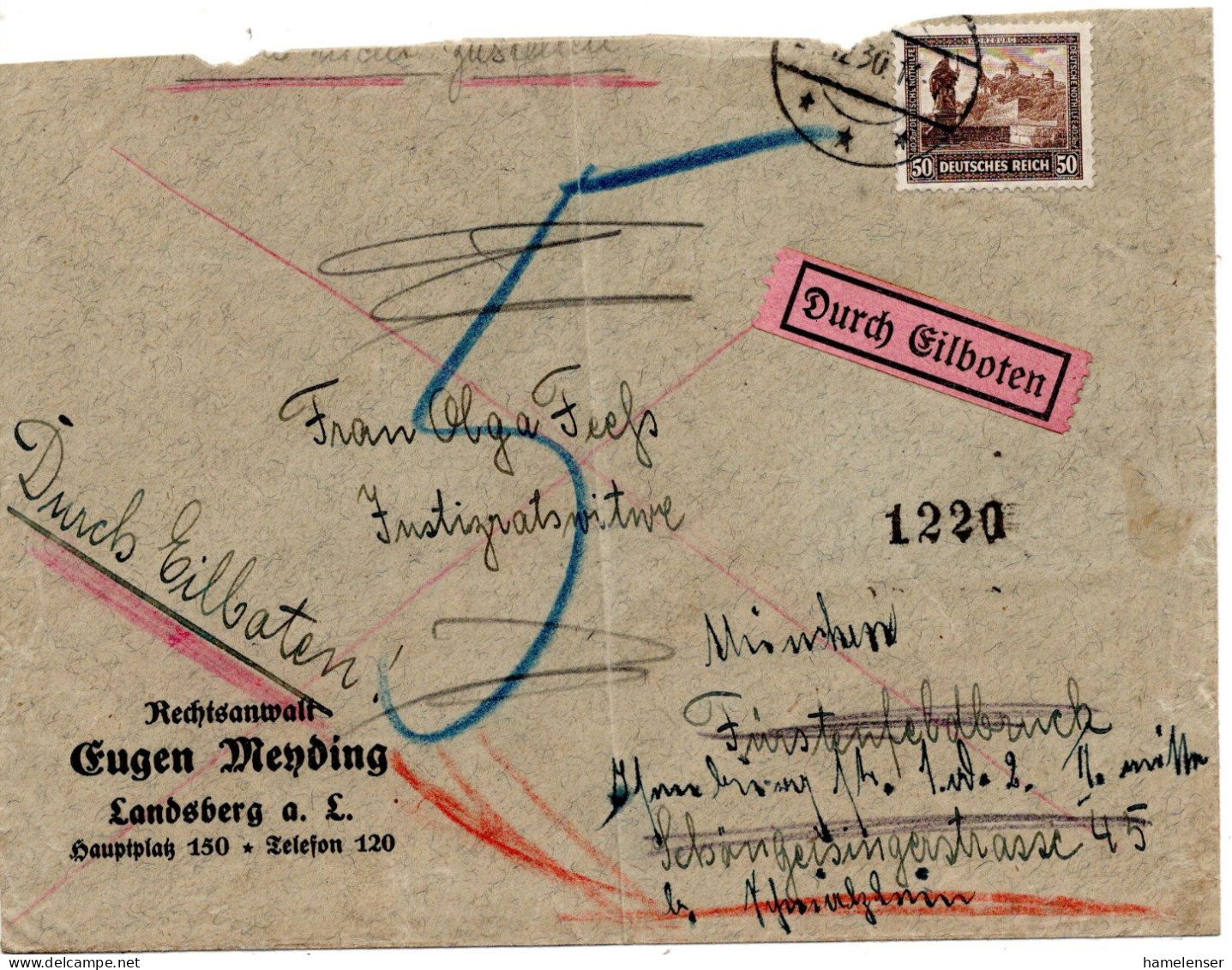 61742 - Deutsches Reich - 1930 - 50Pfg Nothilfe '30 EF A EilBf (Mgl., Marke OK) LANDSBERG -> FUERSTENFELDBRUCK, Nachges - Covers & Documents