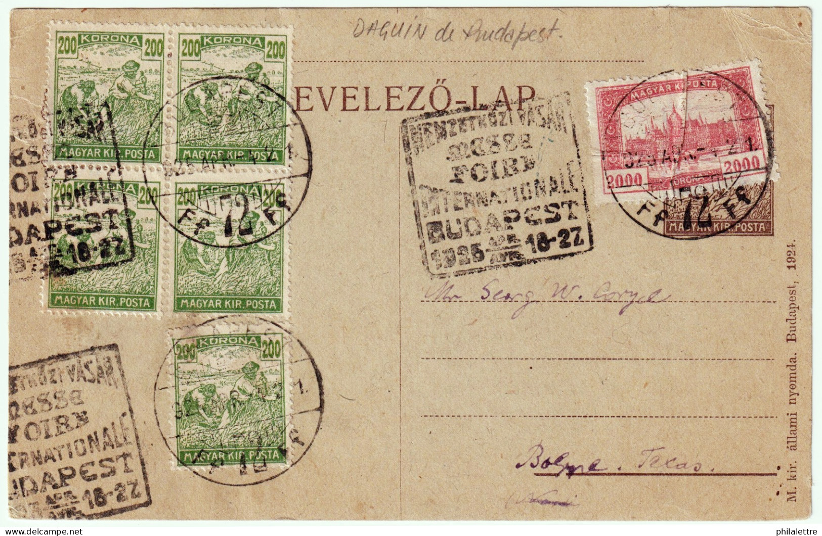 HONGRIE / HUNGARY - 1927 Flamme Daguin De La Foire Internationale De Budapest Sur Carte Postale Pour Les USA - Brieven En Documenten