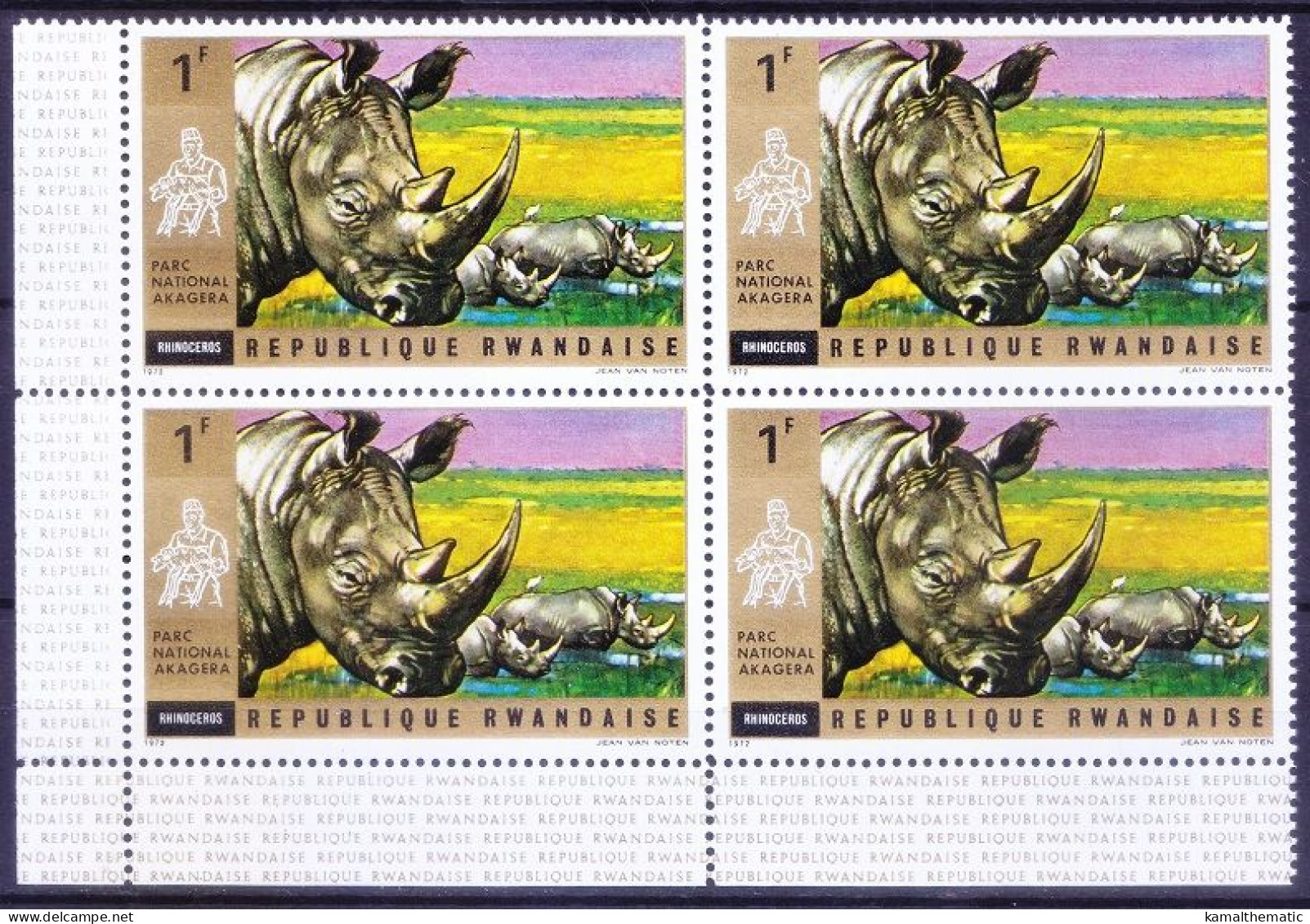 Rwanda 1972 MNH Blk, White Rhinoceros, Wild Animals, National Park Of Akagera - Rhinozerosse