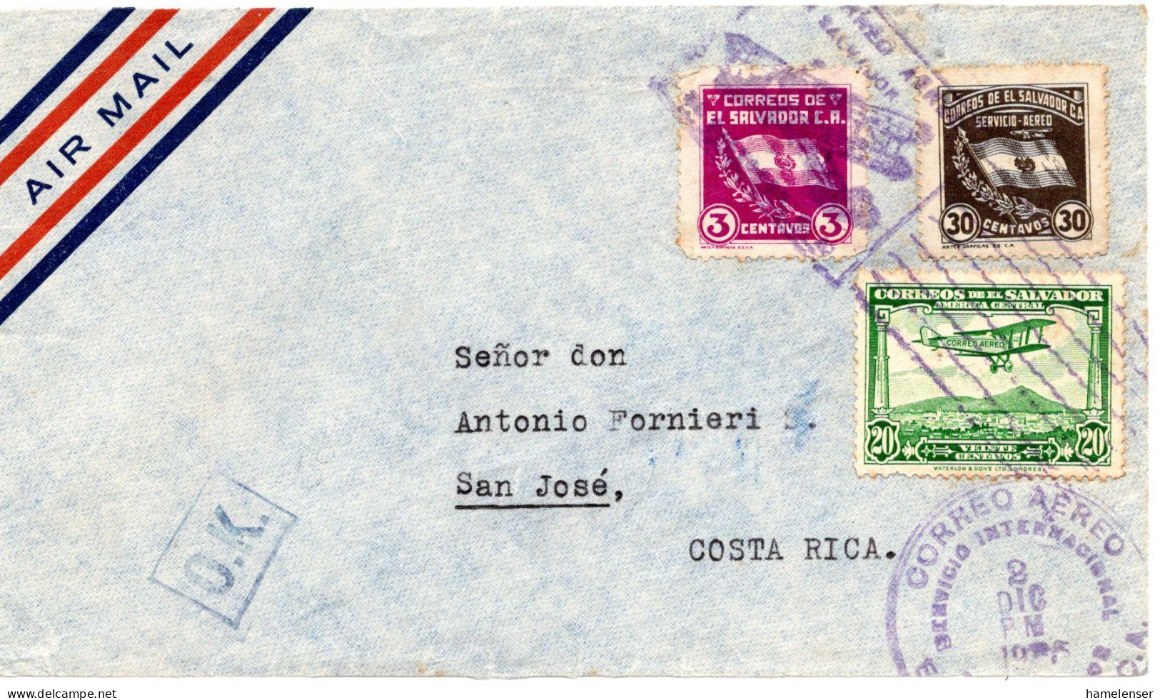 61788 - El Salvador - 1935 - 30c Flagge MiF A LpBf-Vorderseite SAN SALVADOR -> Costa Rica - Salvador