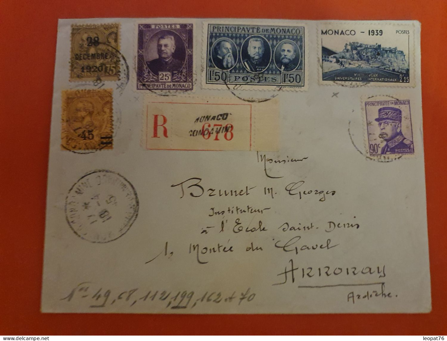 Monaco - Enveloppe En Recommandé Pour Annonay En 1945 - J 251 - Briefe U. Dokumente