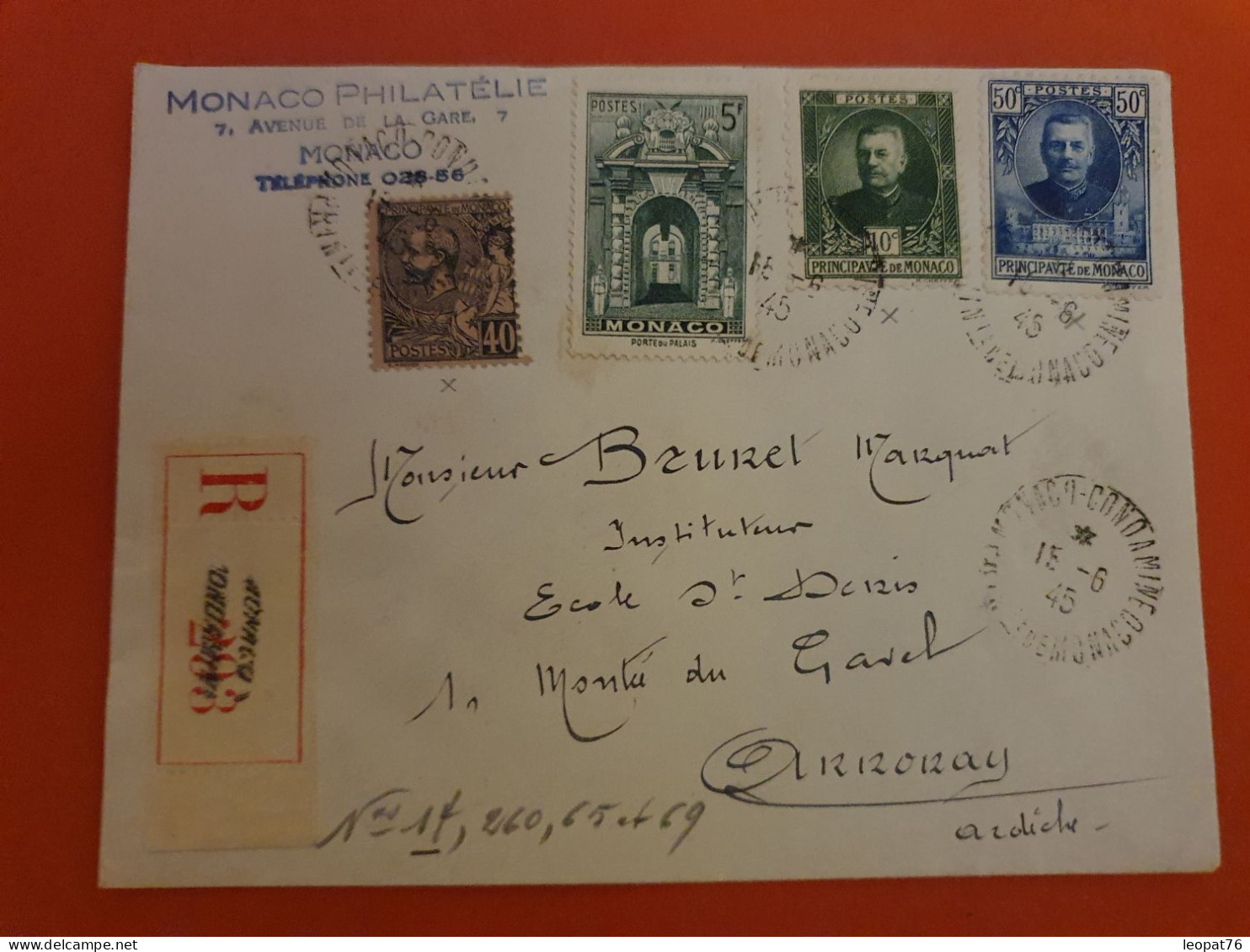 Monaco - Enveloppe En Recommandé Pour Annonay En 1945 - J 252 - Cartas & Documentos