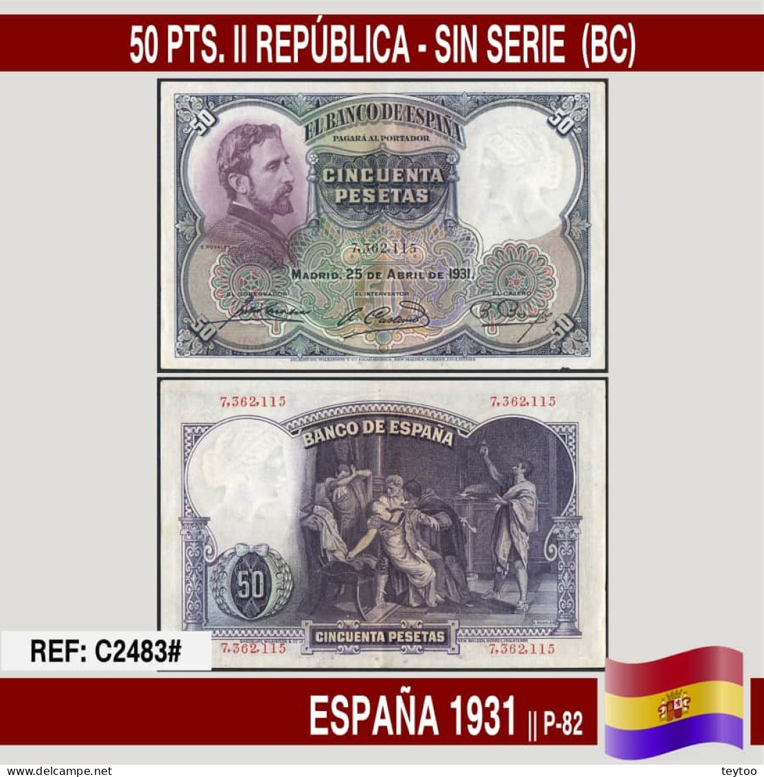 C2483# España 1931. 50 Pts. II República. Sin Serie (VF) P-82 - 50 Peseten
