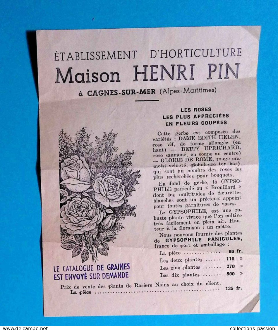 Publicité, Maison HENRI PIN, établissement D'horticulture à Cagnes Sur Mer, 06, Roses, Rosiers Nains Remontants - Pubblicitari