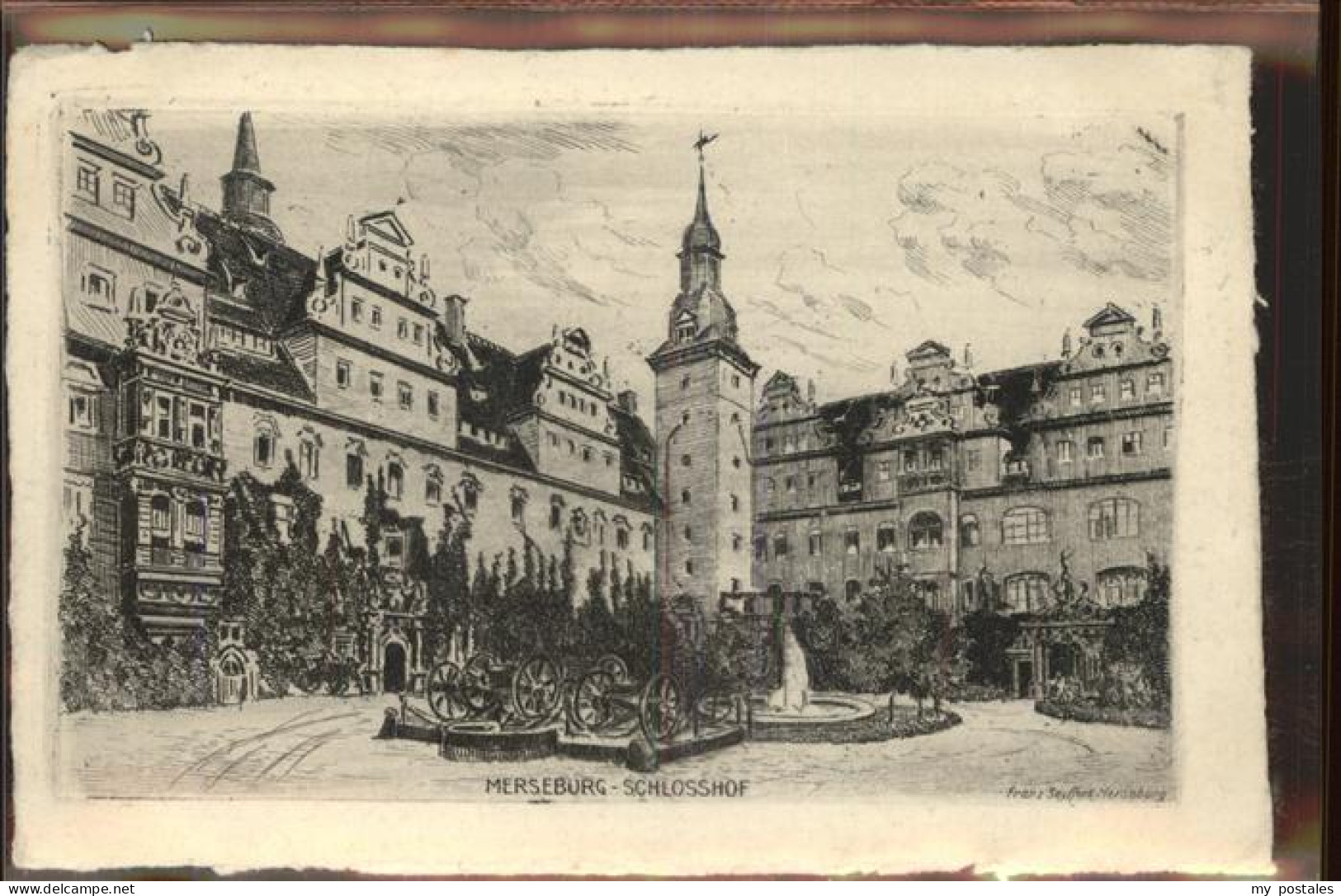 41400682 Merseburg Saale Schlosshof Kanone Kuenstlerkarte Radierung Franz Seyffe - Merseburg