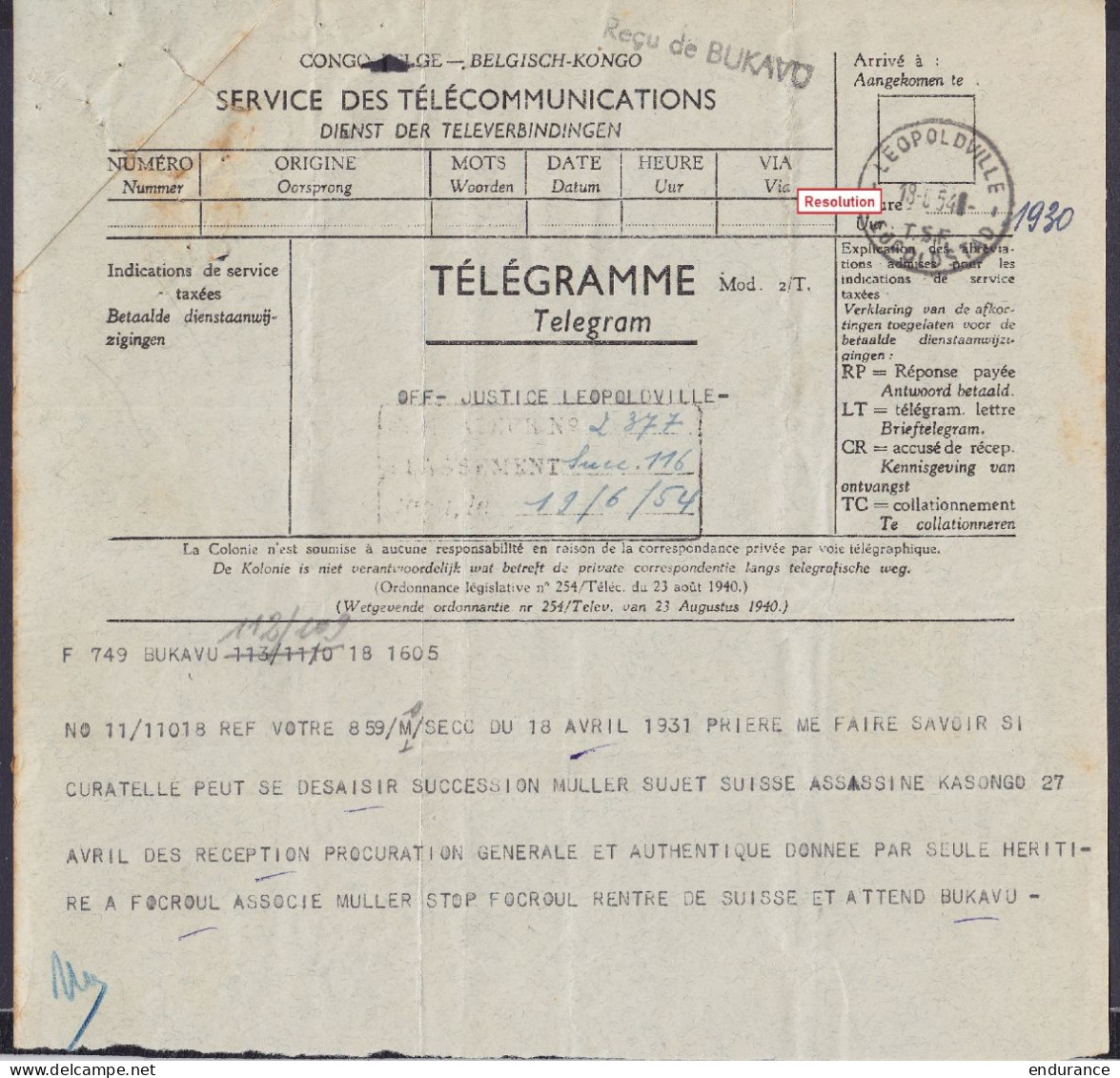 Congo Belge - Télégrammes - Superbe Et Rare Collection + De 60 Pièces (cachets Destination, Marques Départ, Reçus Et Doc - Colecciones