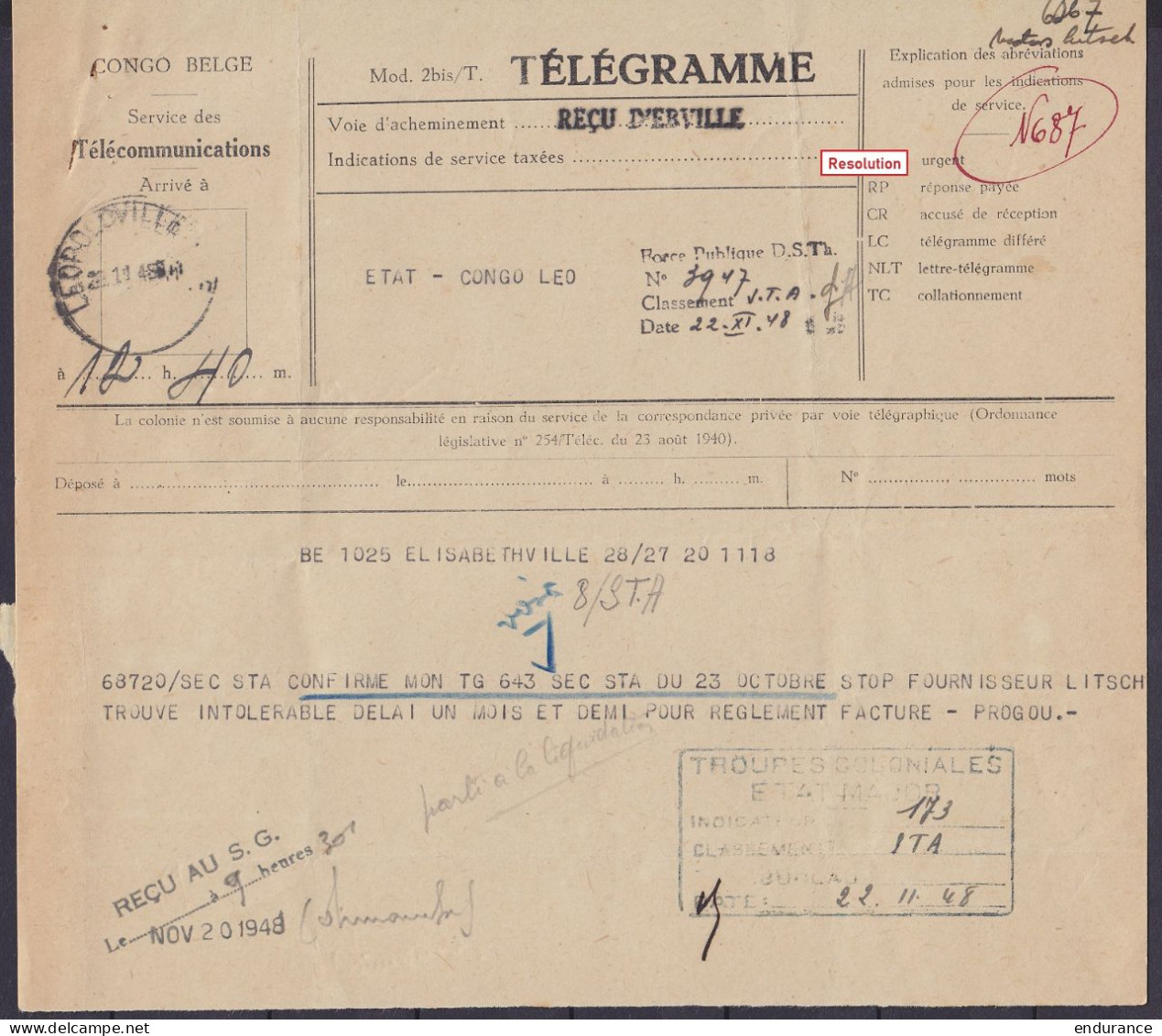 Congo Belge - Télégrammes - Superbe et rare collection + de 60 pièces (cachets destination, marques départ, reçus et doc