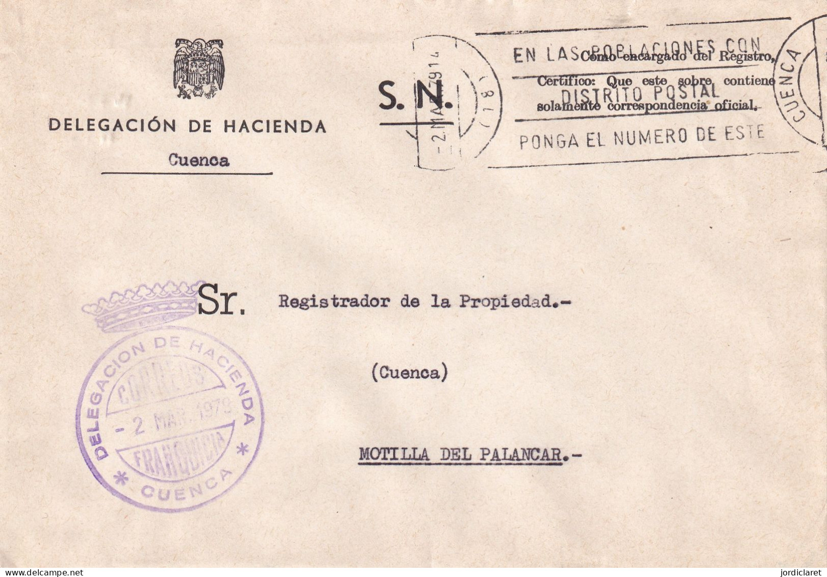 DELEGACION DE HACIENDA  1979  CUENCA - Franchise Postale