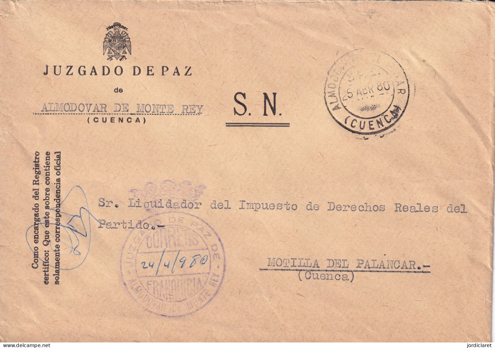 JUZGADO DE PAZ  ALMODOVAR DE MONTE REY 1980  CUENCA - Franchise Postale