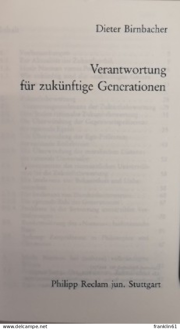 Verantwortung Für Zukünftige Generationen. - Filosofia