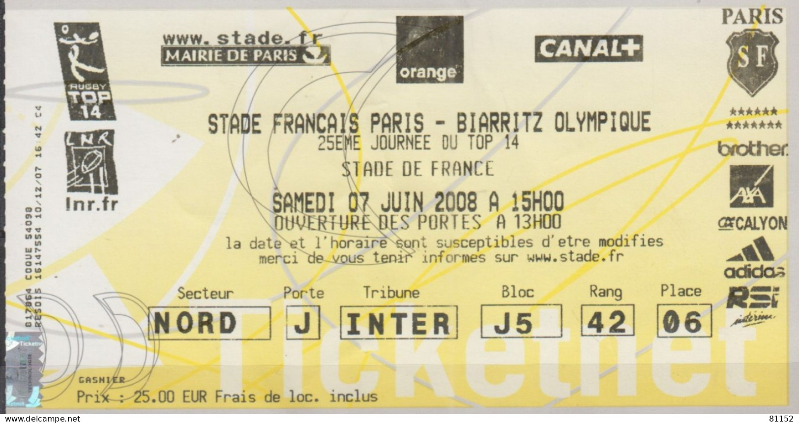 RUGBY  Billet D'entrée Du Match  STADE FRANCAIS-BIARRITZ OLYMPIQUE  Samedi 7 Juin 2008 Au Stade De FRANCE - Rugby