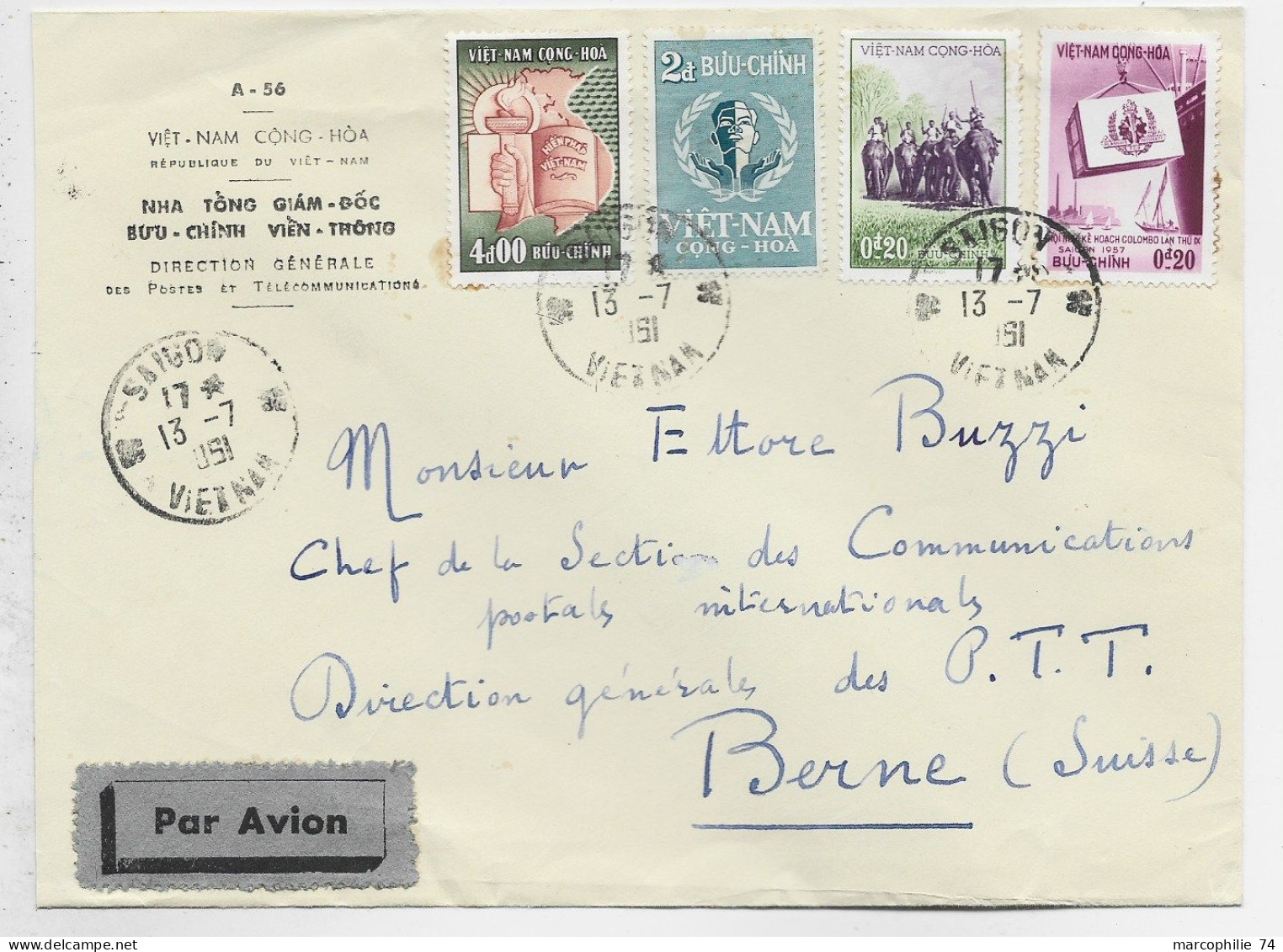 VIET NAM 4D+2D+0F20X 2 LETTRE COVER AVION SAIGON 13.7.1951 TO BERNE SUISSE - Viêt-Nam