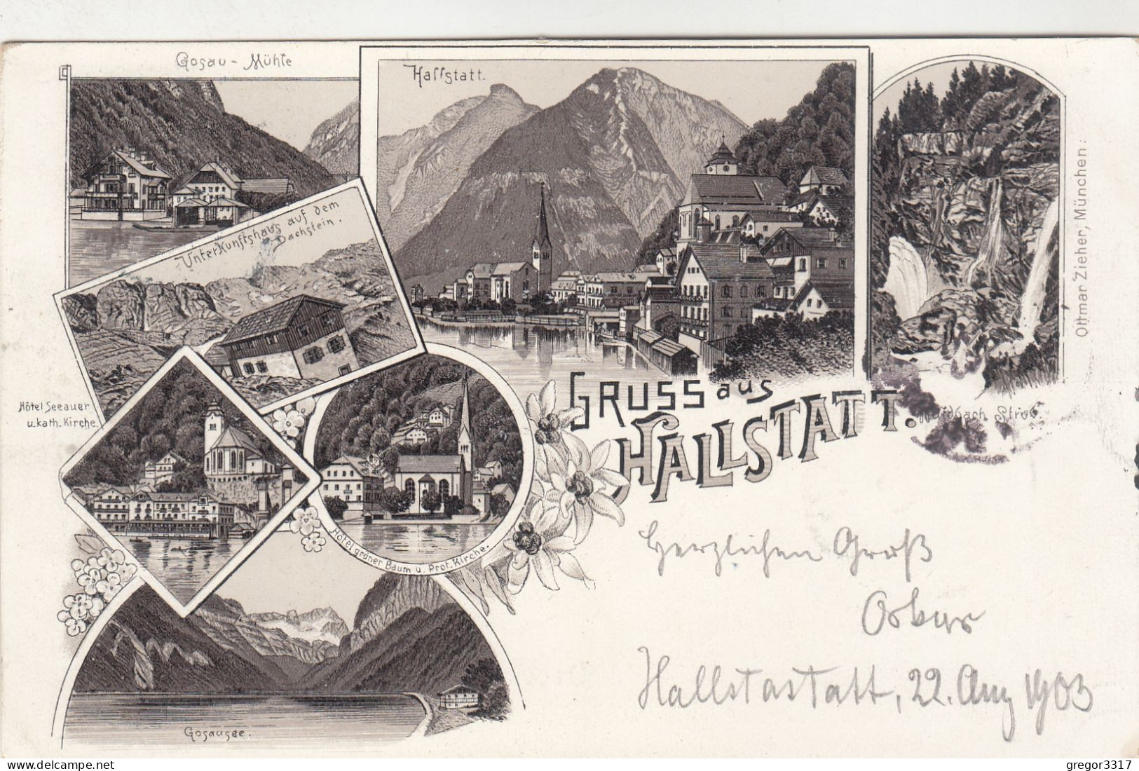 E2476) GRUSS Aus HALLSTATT - LITHO S/W Gosaumühle - Unterkunftshaus - Wasserfall Hotel Seeauer - Etc. 1903 - Hallstatt