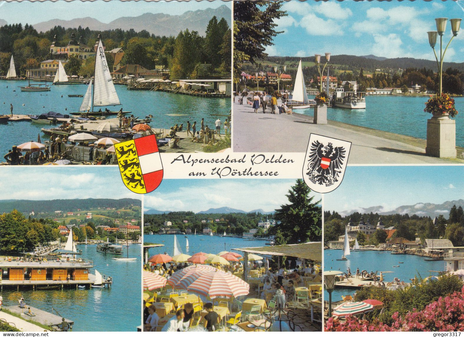 E2491) Alpenseebad VELDEN Am Wörthersee -  Farbmehrbild AK  - SCHIFF Segelboot Gastgarten Etc. - Velden