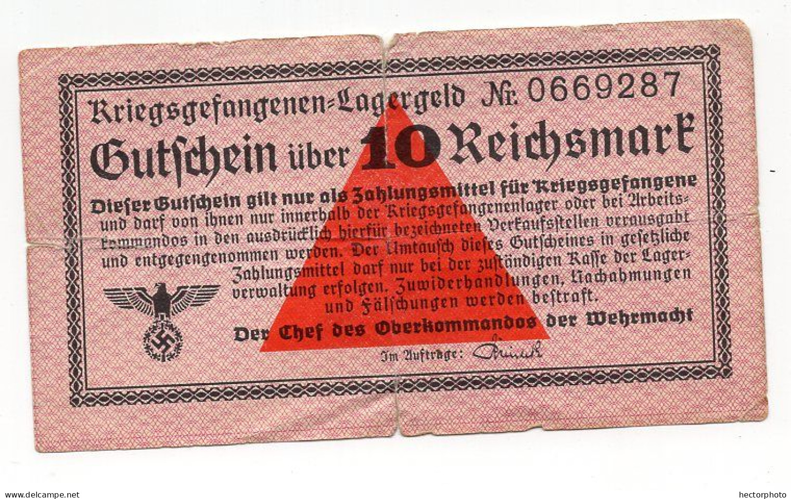 Billet Camp Prisonnier Allemand LAGERGELD 10 REICHSMARK 39-45 WW2 PFENNING MARK Kriegsgefangenen Nr 0669287 - Sonstige & Ohne Zuordnung