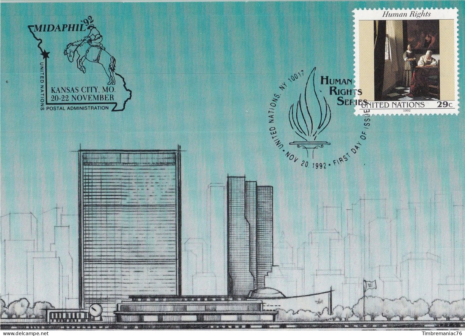 Nations Unies N.Y. 1992 YT 620 Carte Postale Oblitéré 1er Jour - Cartoline Maximum