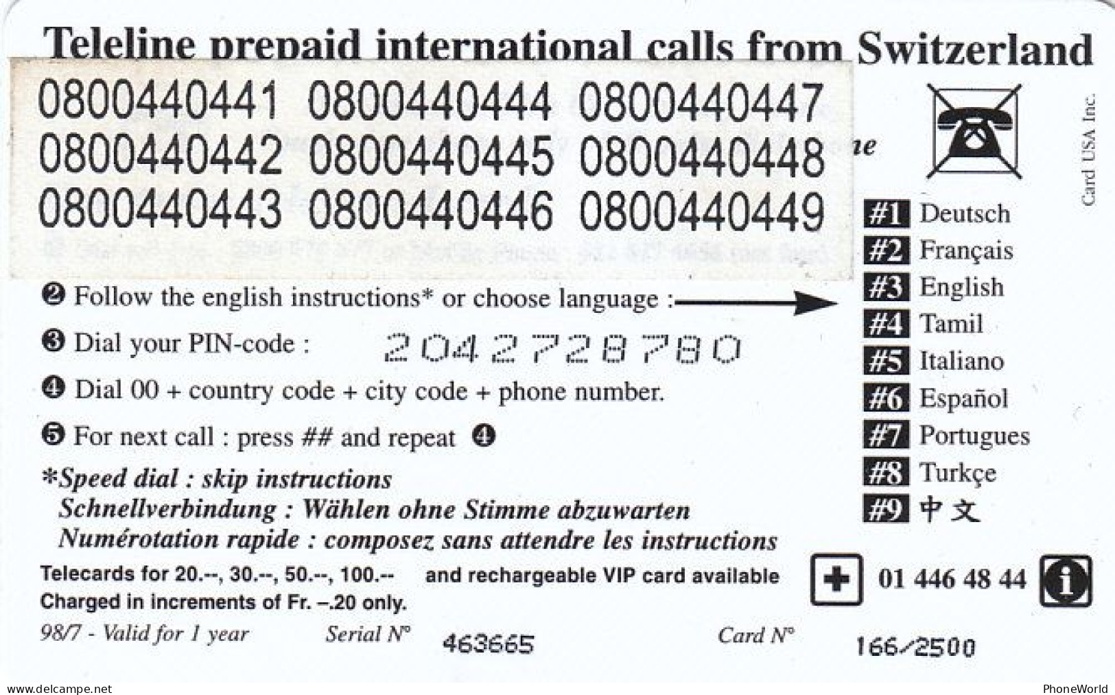 Swiss, Teleline FR100, Lincoln Memorial Washington, Coded166/2500, VAN Telecard, 98/7 RRR, US President - Switzerland