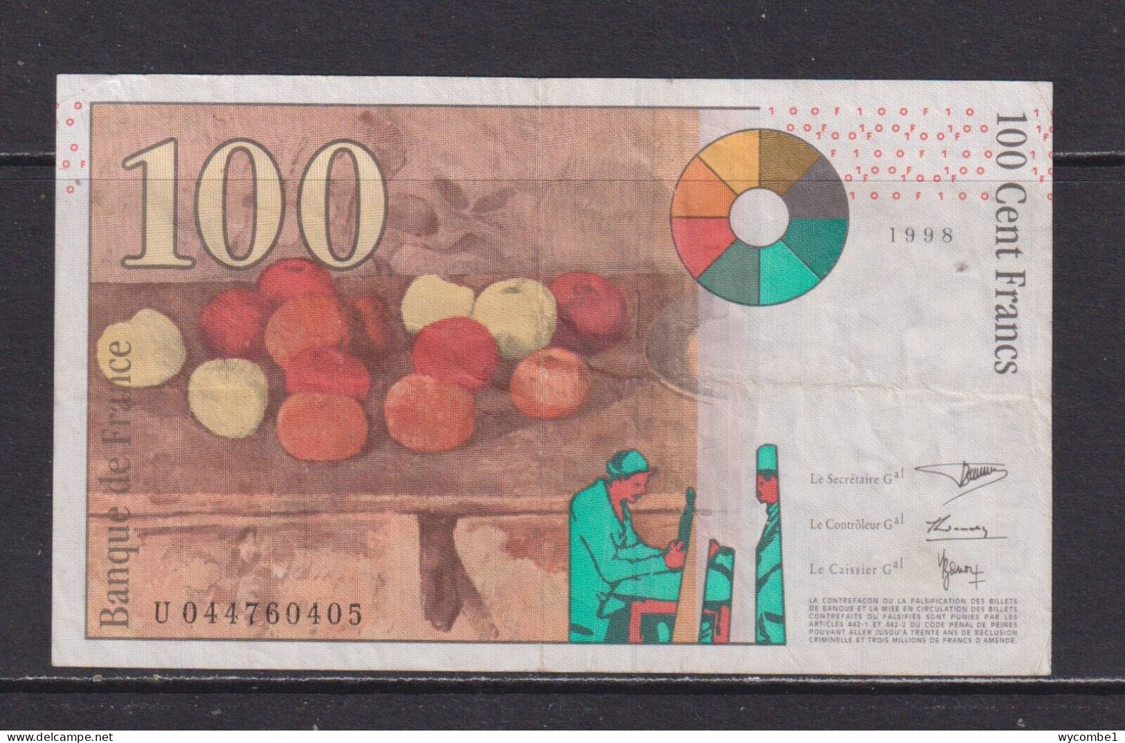 FRANCE - 1998 100 Francs Circulated Banknote As Scans - 100 F 1997-1998 ''Cézanne''