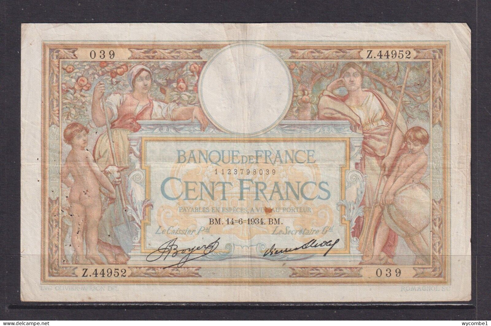 FRANCE - 1934 100 Francs Circulated Banknote As Scans - 100 F 1908-1939 ''Luc Olivier Merson''