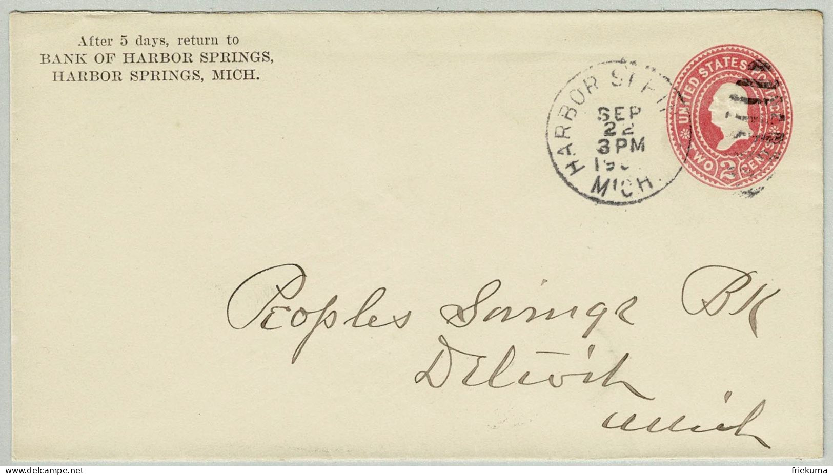 USA 1900, Ganzsachenbrief Harbor Springs - Detroit, Rückseite Eingangsstempel Received - ...-1900