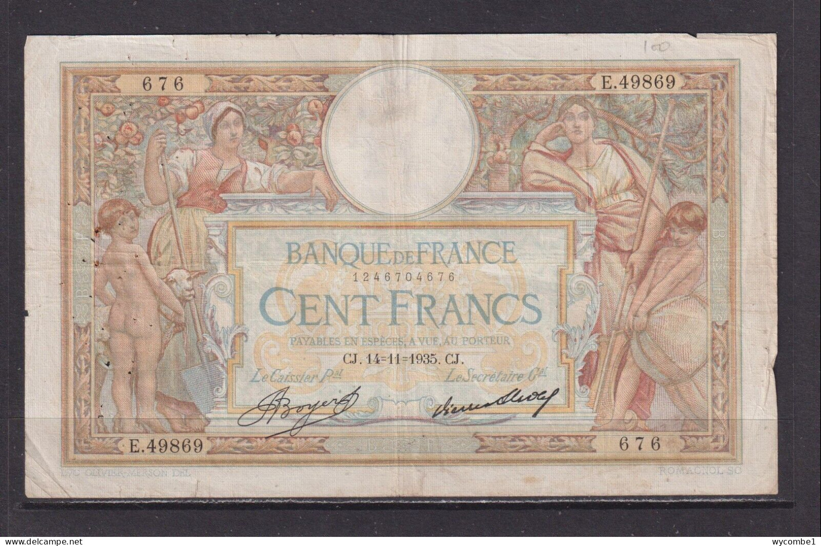 FRANCE - 1935 100 Francs Circulated Banknote As Scans - 100 F 1908-1939 ''Luc Olivier Merson''