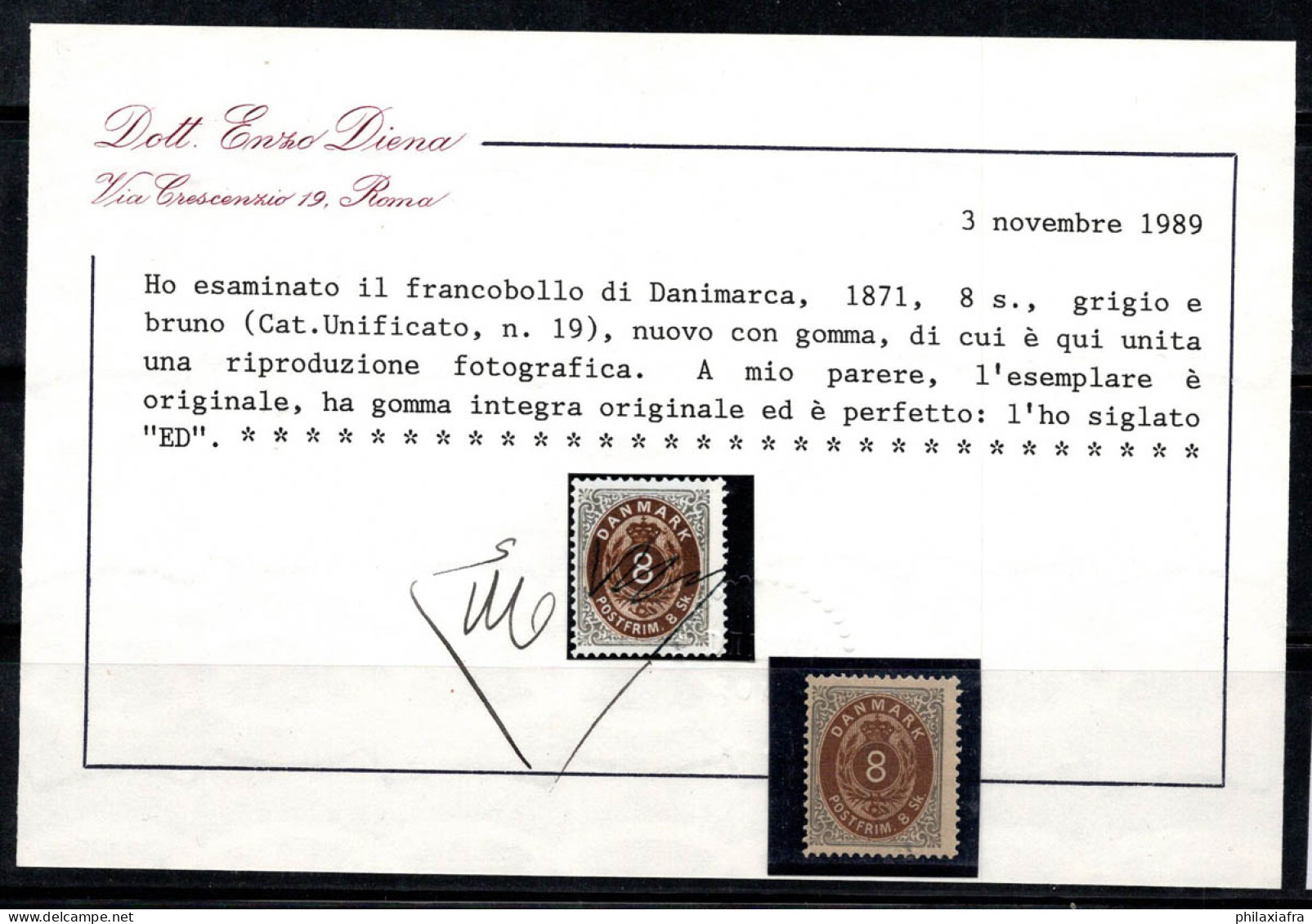 Danemark 1870-71 Mi. 19 Neuf ** 100% Certificat Diena, 8 S - Nuovi