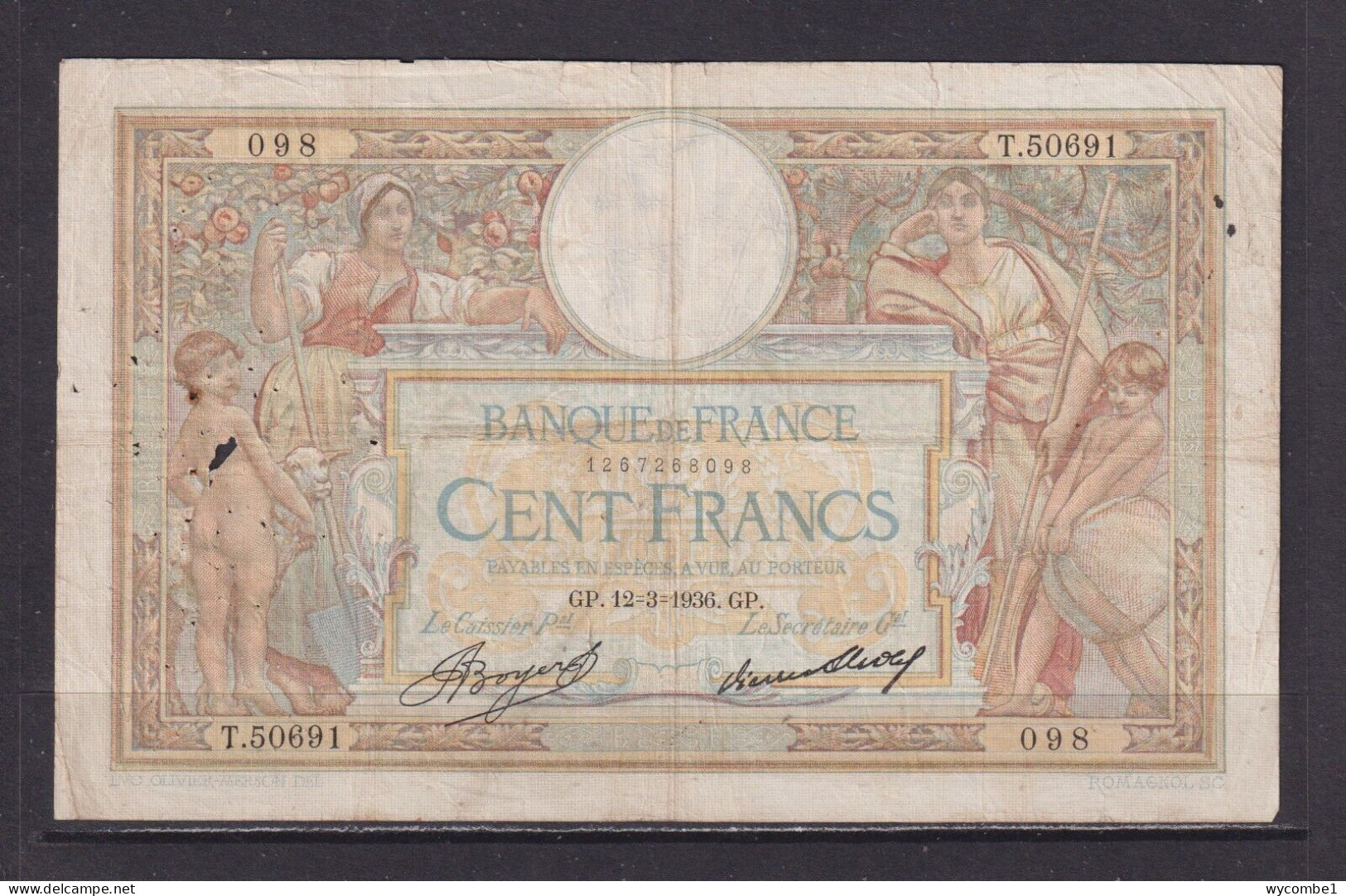 FRANCE - 1936 100 Francs Circulated Banknote As Scans - 100 F 1908-1939 ''Luc Olivier Merson''