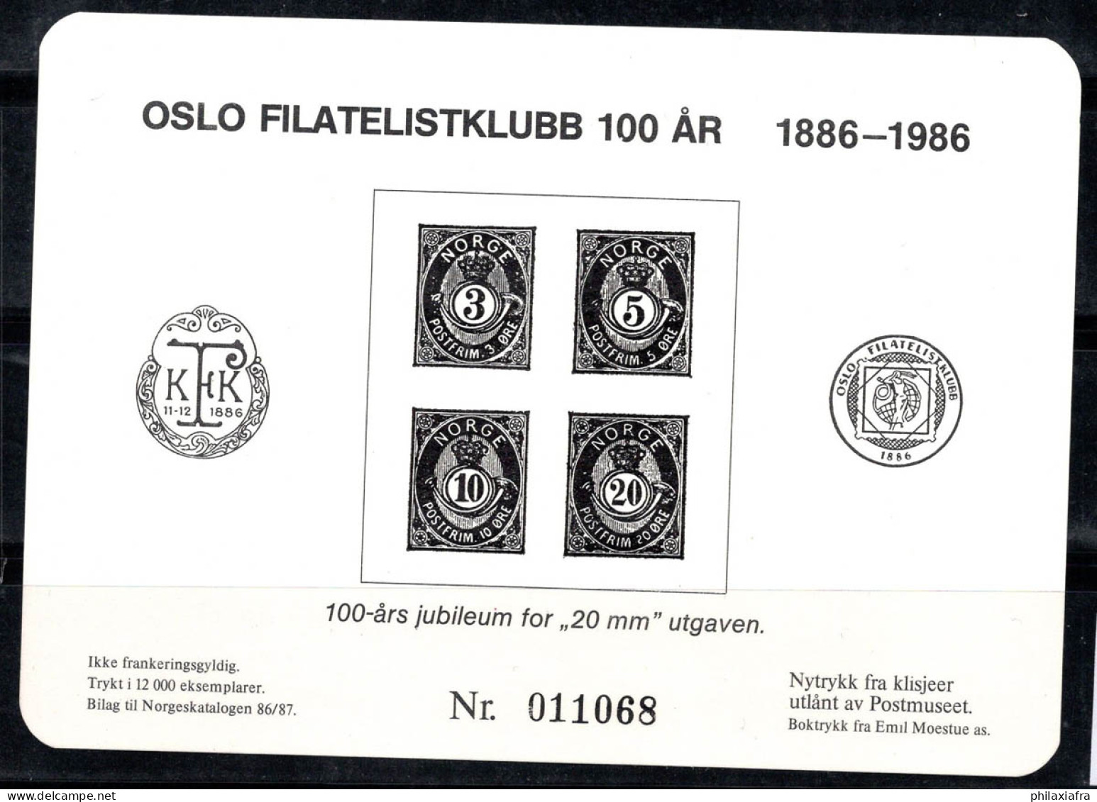 Norvège 1986 Bloc Feuillet 100% Spécial, 100 Ans De Philatélie Oslo - Blocchi & Foglietti