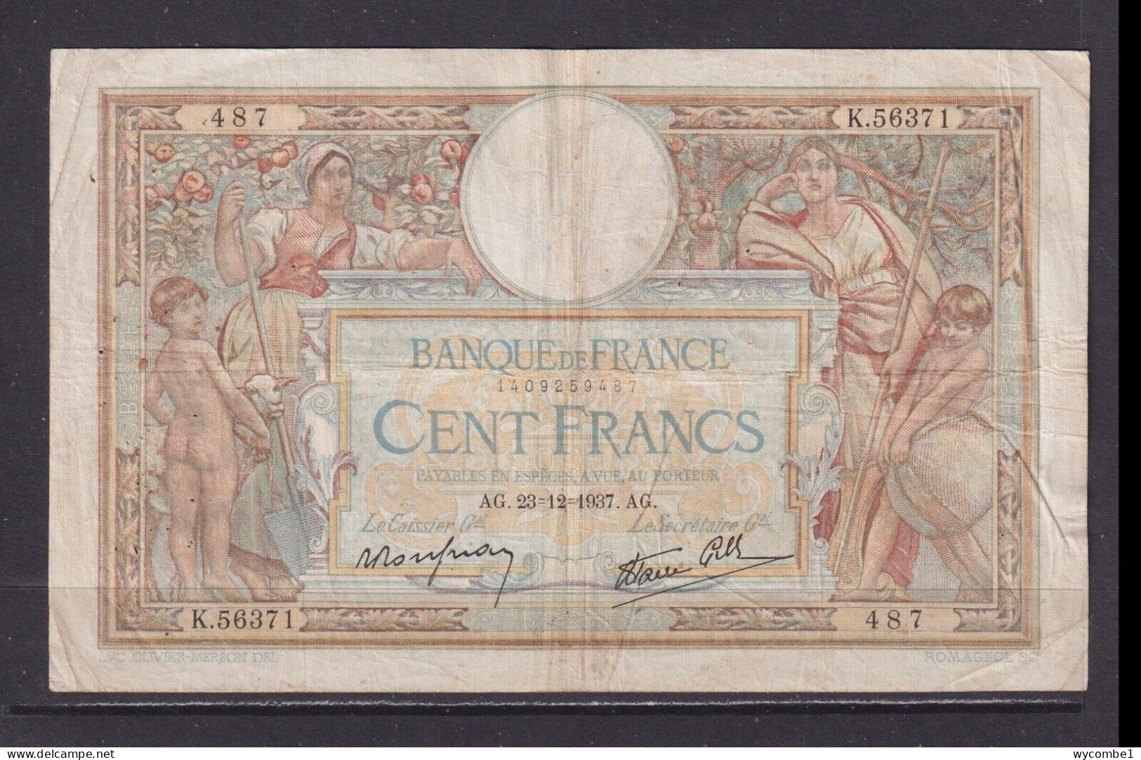 FRANCE - 1937 100 Francs Circulated Banknote As Scans - 100 F 1908-1939 ''Luc Olivier Merson''
