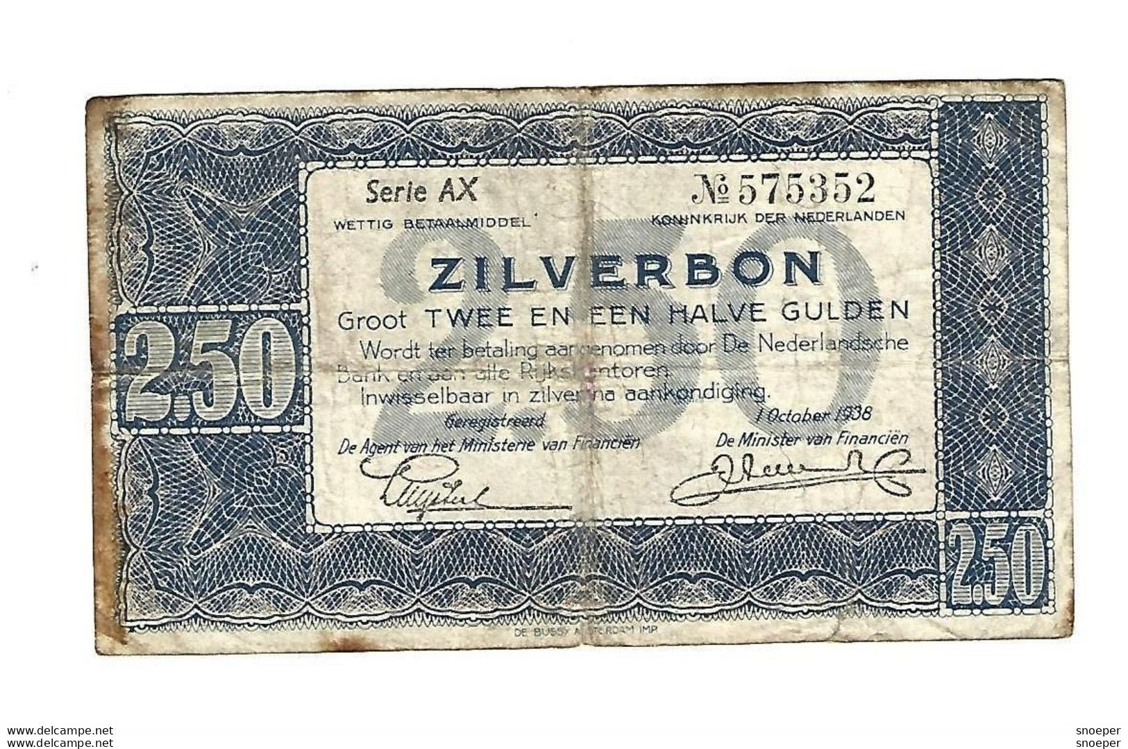 *netherlands 2,5 Gulden  Zilverbon 1938    62 - 2 1/2 Florín Holandés (gulden)