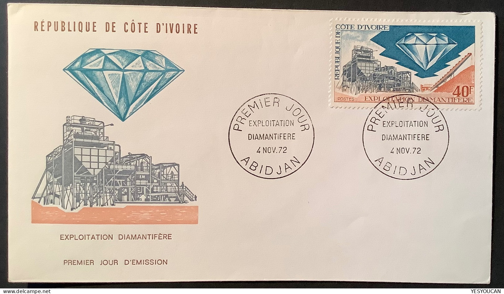 COTE D'IVOIRE 1972 40f EXPLOITATION DIAMANTIFERE Y&T342 FDC (diamand Pierre Précieuse Gems Mineral Industrie Bijoux - Costa De Marfil (1960-...)