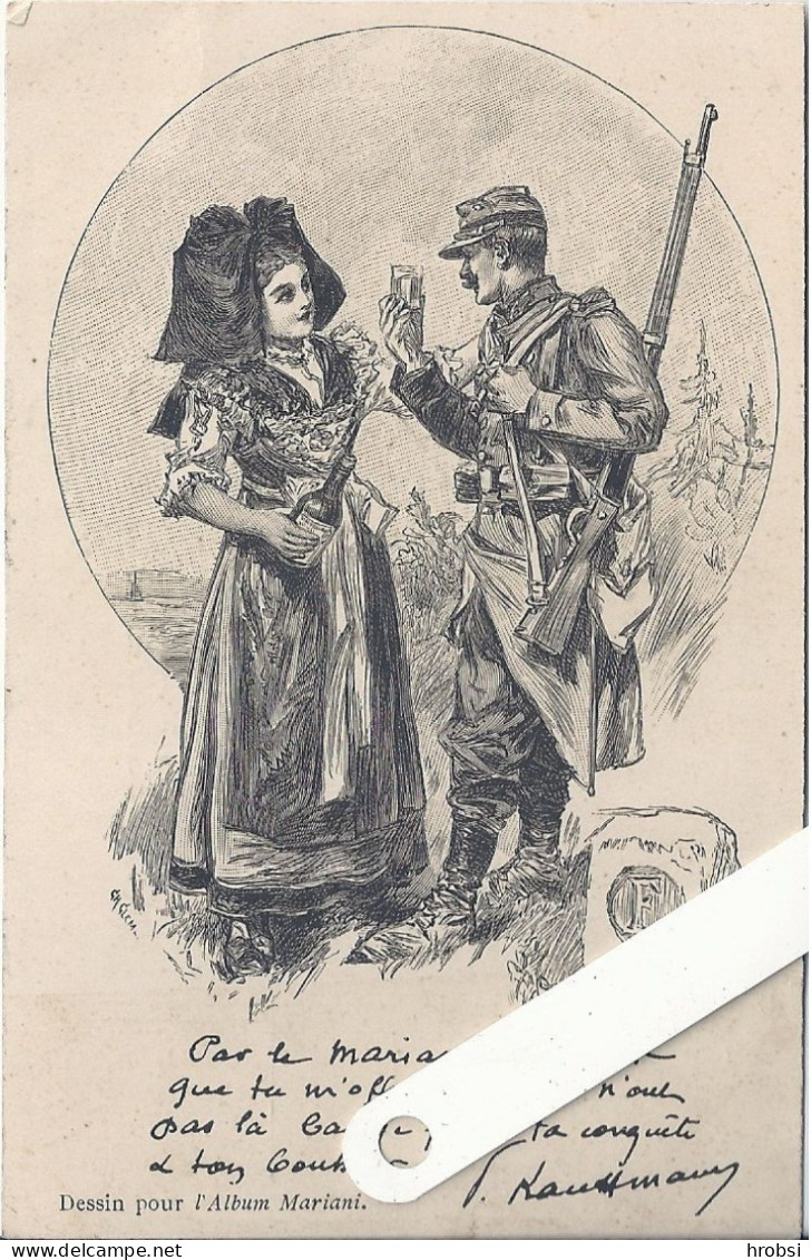 Illustrateur Kauffmann Paul, Alsacienne Trinque Avec Soldat, Album MARIANI - Kauffmann, Paul