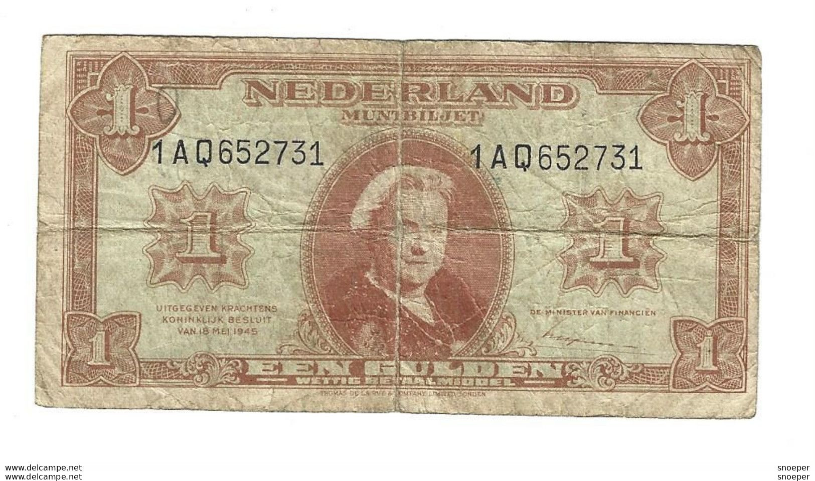 * NETHERLANDS 1 GULDEN  1945   70 - 5 Florín Holandés (gulden)