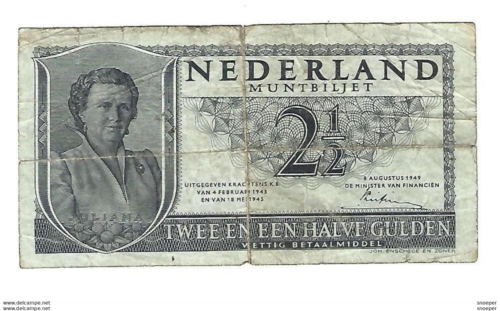 * NETHERLANDS 2,5 GULDEN  1949   73 - 2 1/2 Gulden