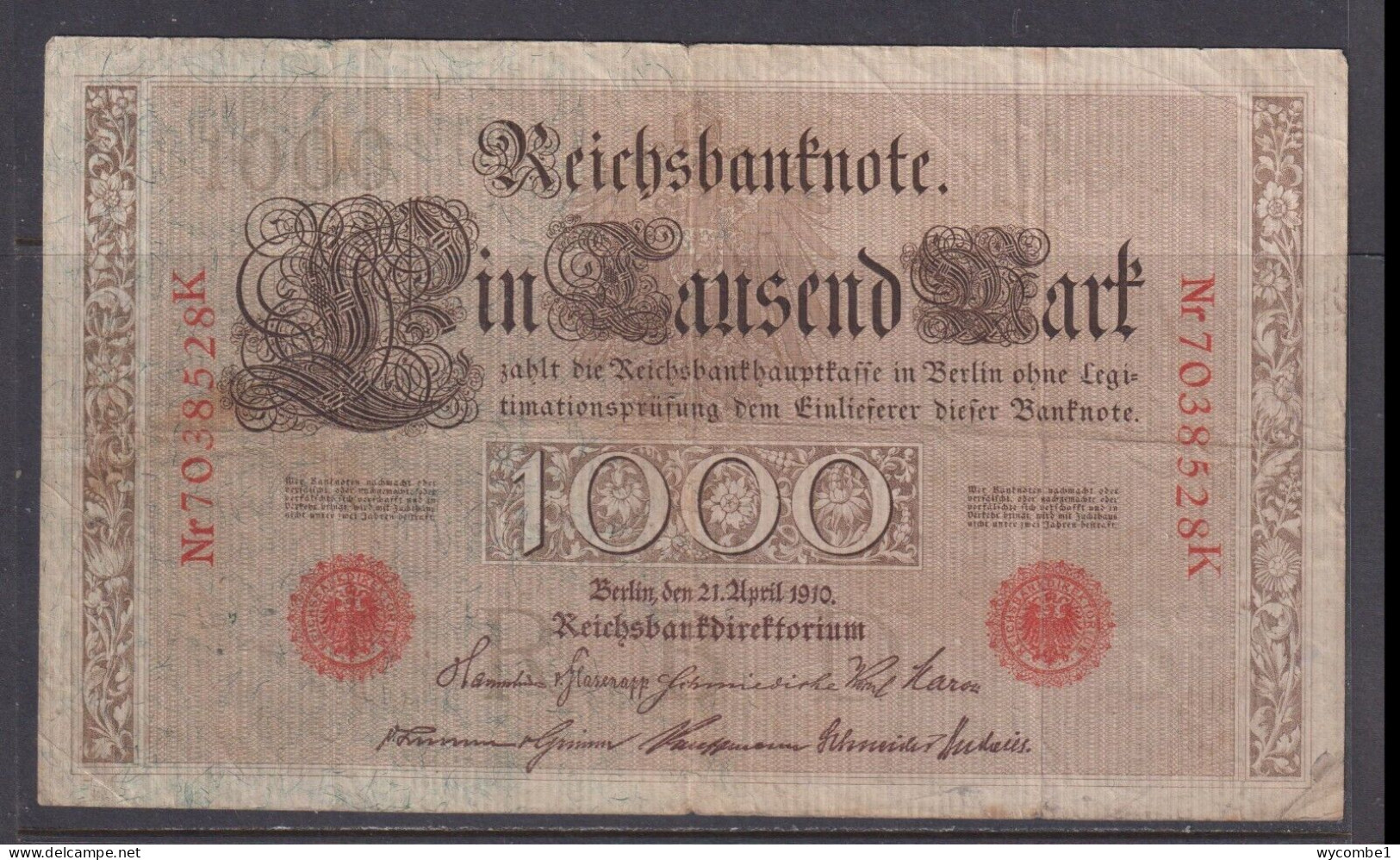 GERMANY - 1910 1000 Mark Circulated Banknote - 1000 Mark