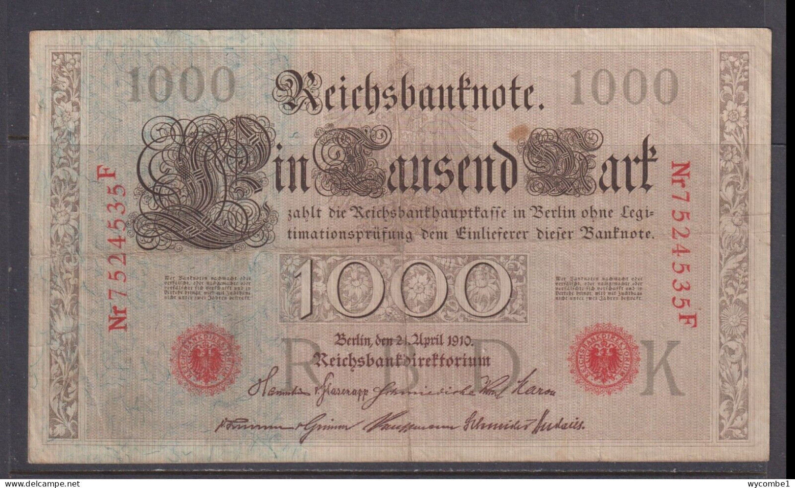 GERMANY - 1910 1000 Mark Circulated Banknote - 1000 Mark