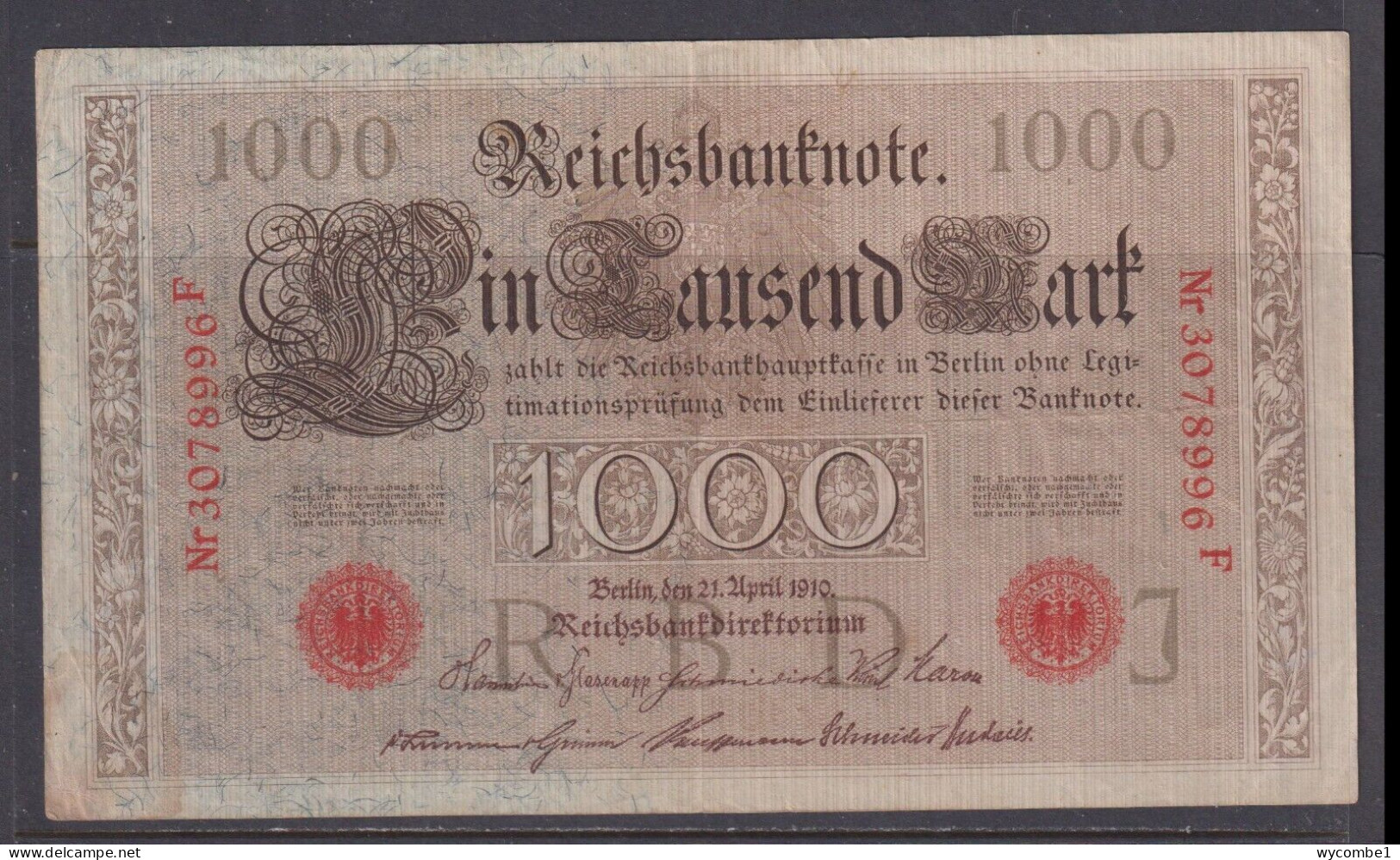 GERMANY - 1910 1000 Mark Circulated Banknote - 1000 Mark