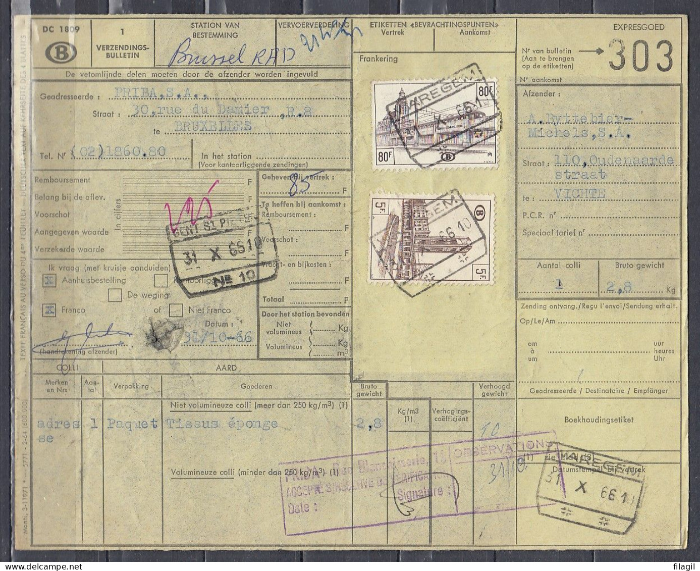 Vrachtbrief Met Stempel WAREGEM - Documents & Fragments
