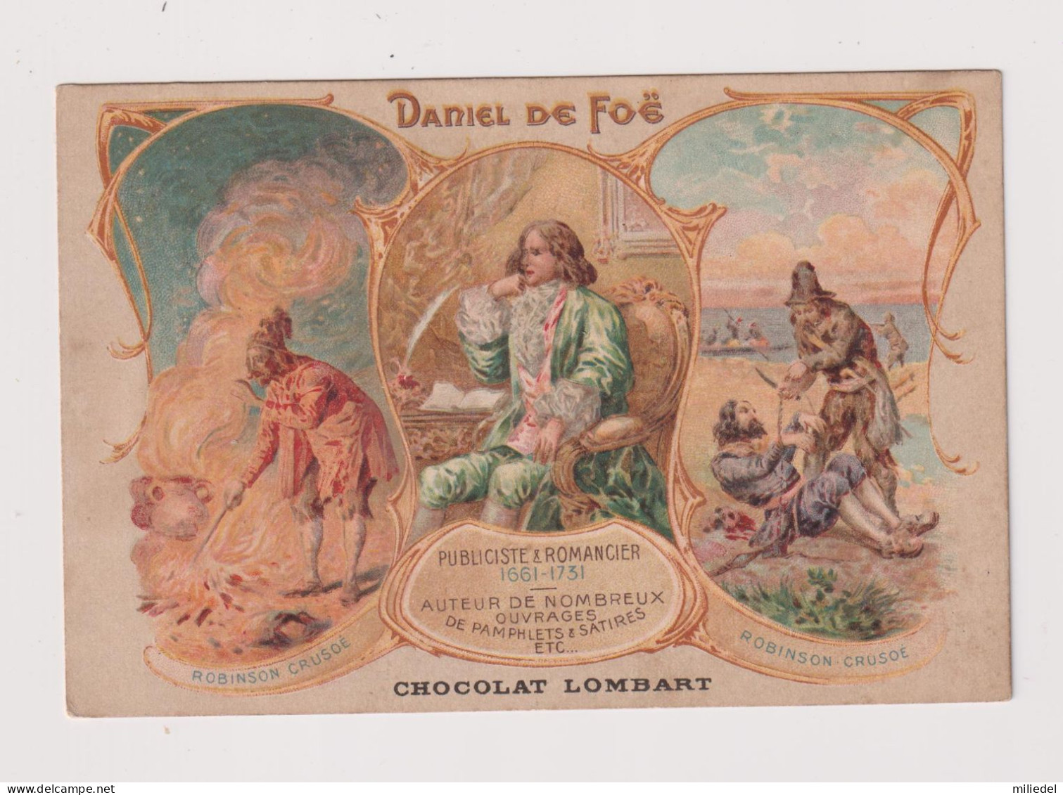 MU241 - CHROMO / Format Carte Postale - Chocolat Lombart - Publiciste, Romancier, Daniel De Foe, Robinson Crusoé - Lombart